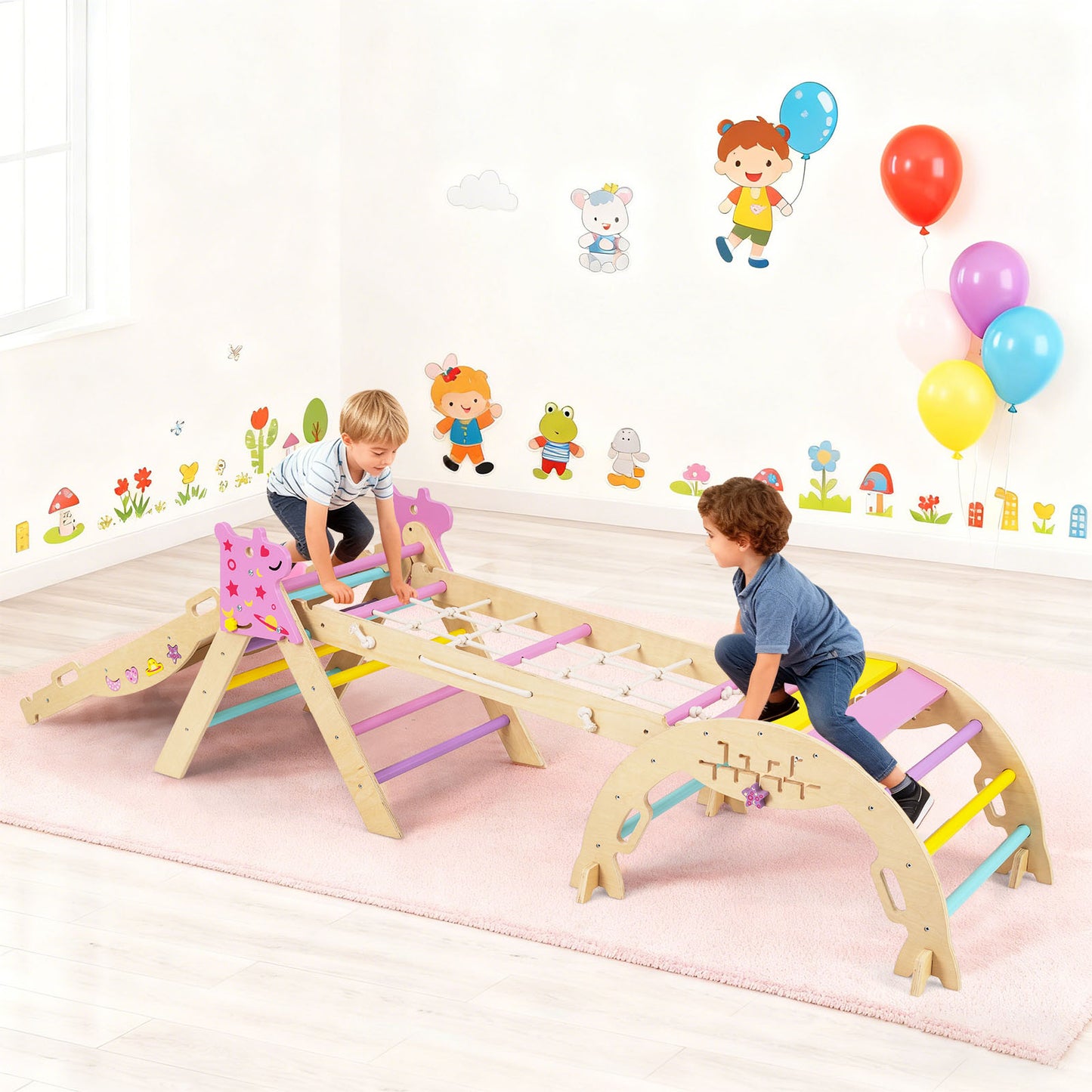 Wooden Montessori Climbing Set with Climbing Rope and Ladder-Colourful
