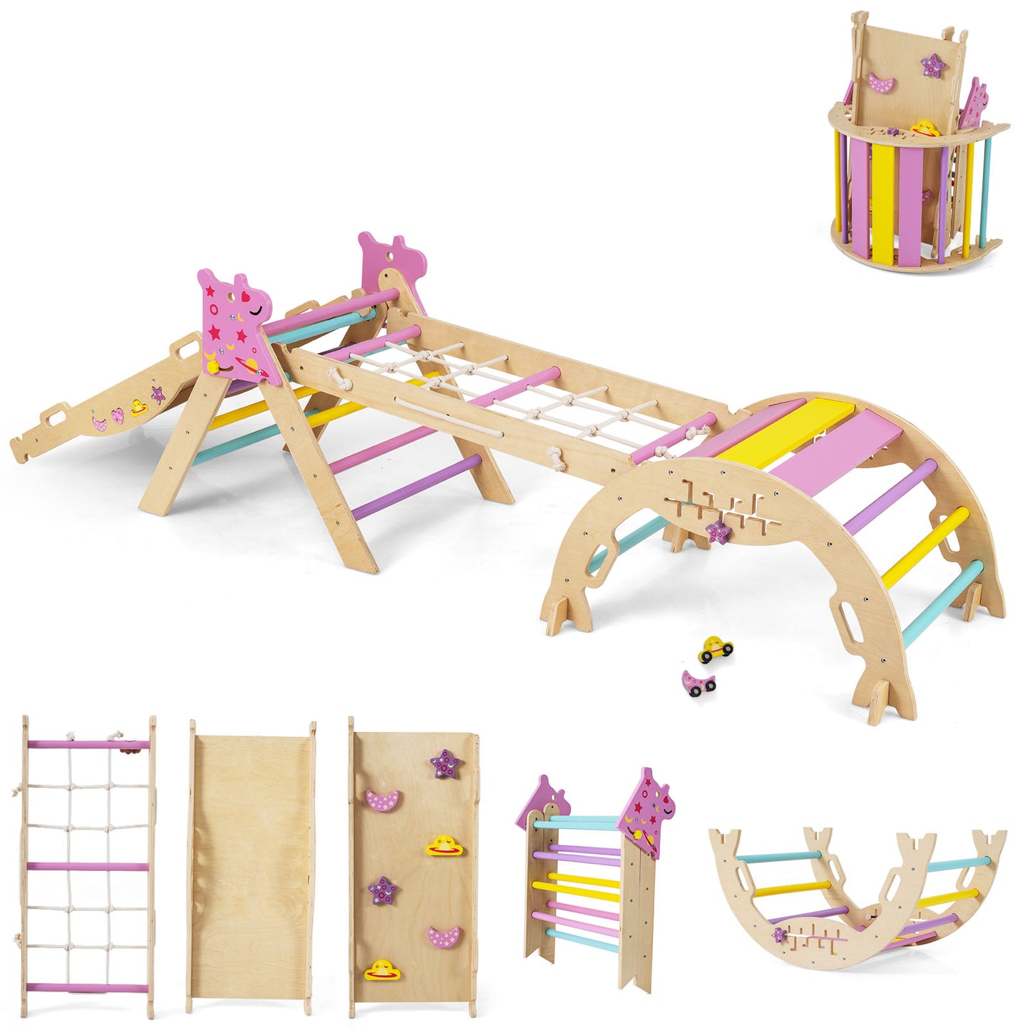 Wooden Montessori Climbing Set with Climbing Rope and Ladder-Colourful