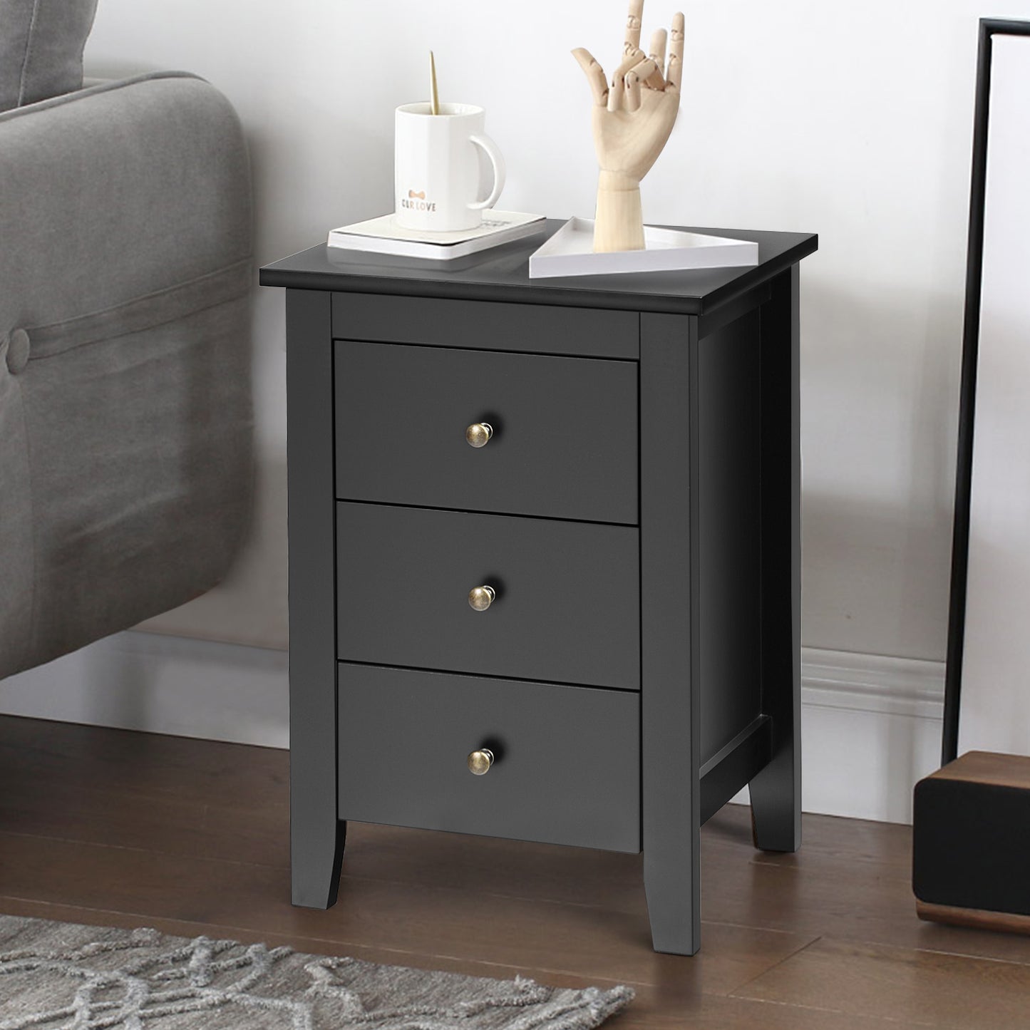 Wooden Nightstand with 3 Drawers and Stable Structure-Black
