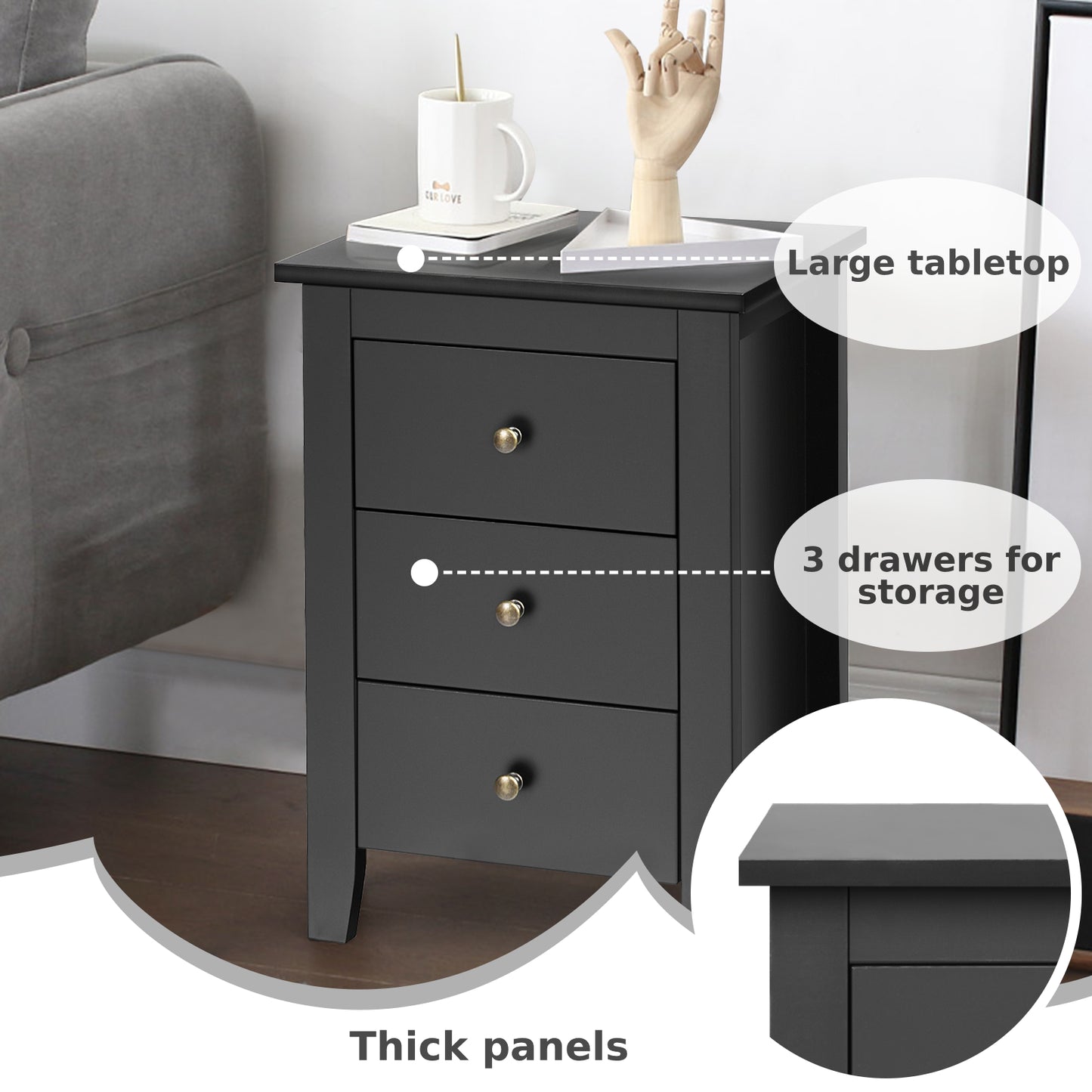 Wooden Nightstand with 3 Drawers and Stable Structure-Black