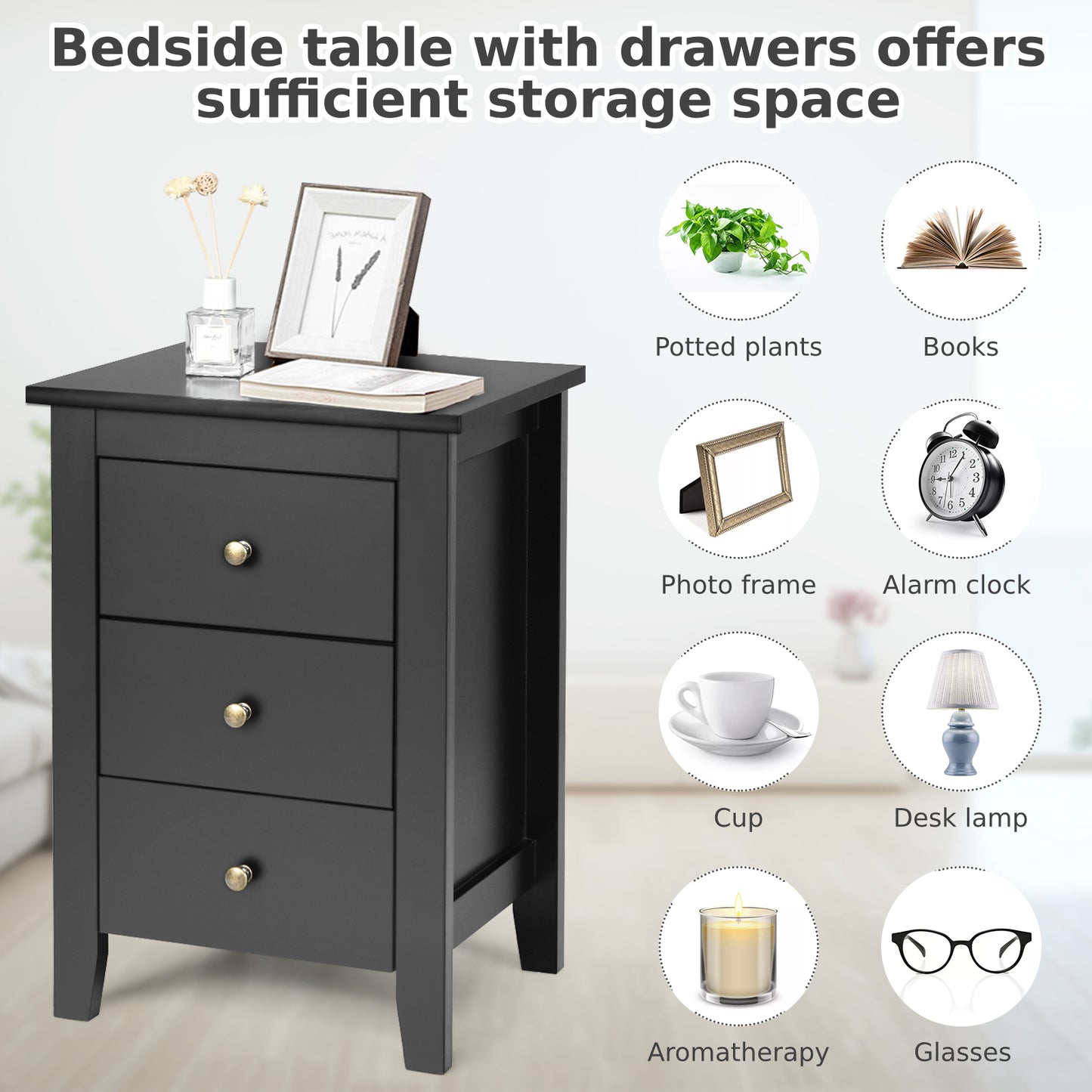 Wooden Nightstand with 3 Drawers and Stable Structure-Black