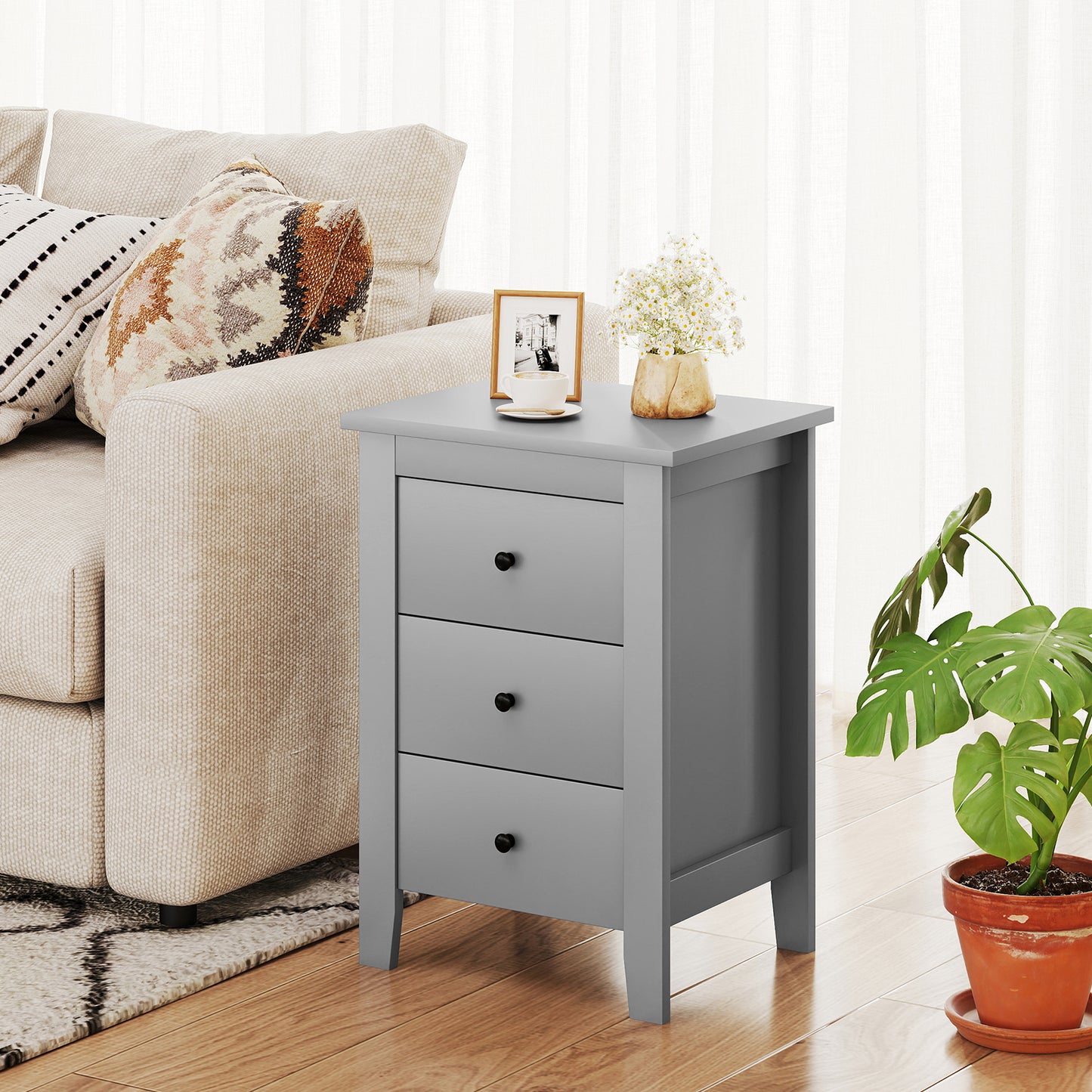 Wooden Nightstand with 3 Drawers and Stable Structure-Black