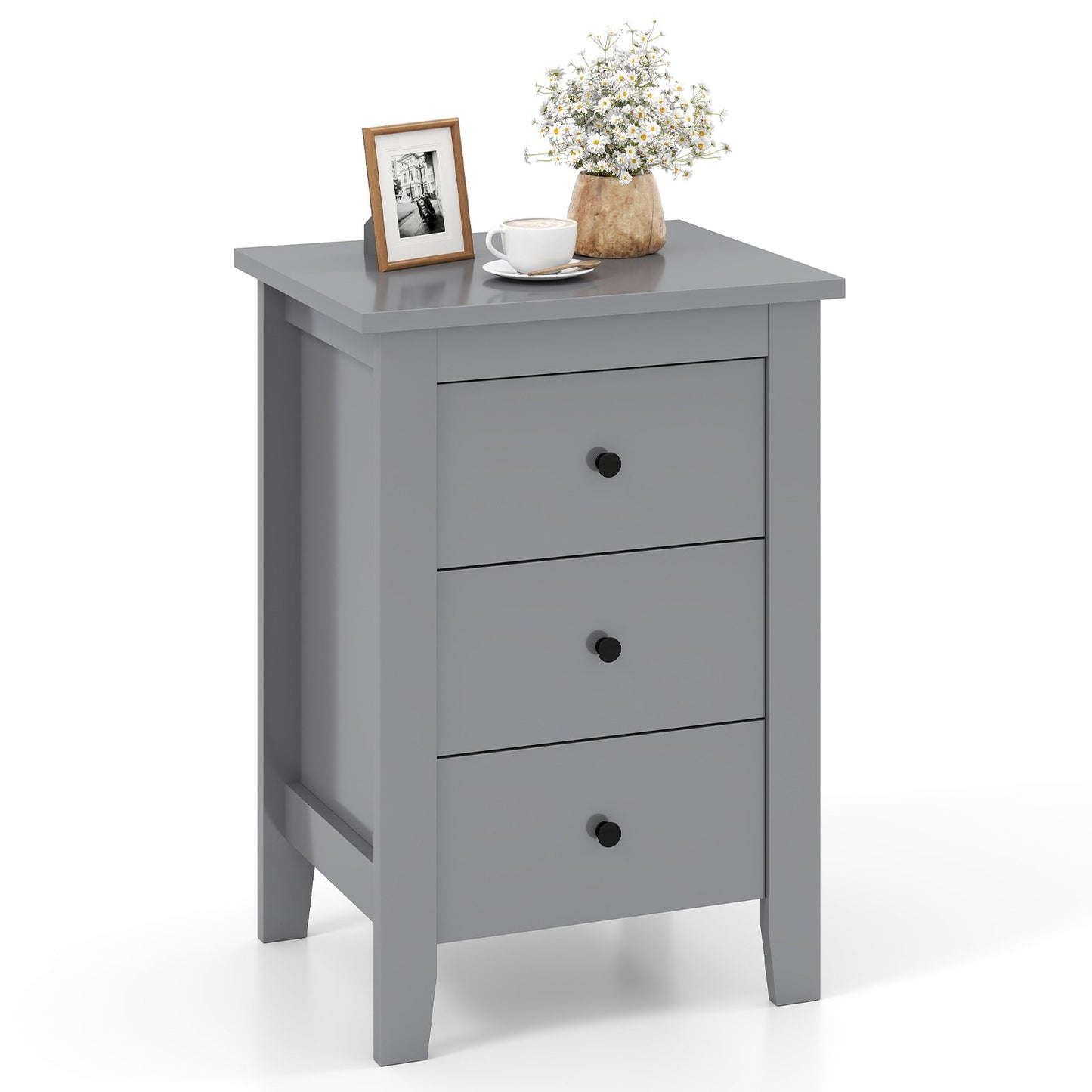 Wooden Nightstand with 3 Drawers and Stable Structure-Black