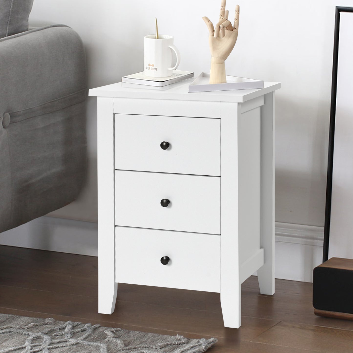 Wooden Nightstand with 3 Drawers and Stable Structure-Black