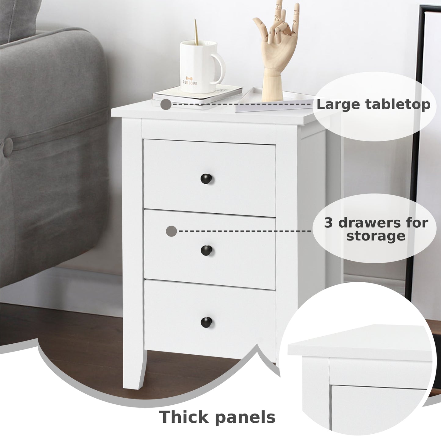 Wooden Nightstand with 3 Drawers and Stable Structure-Black