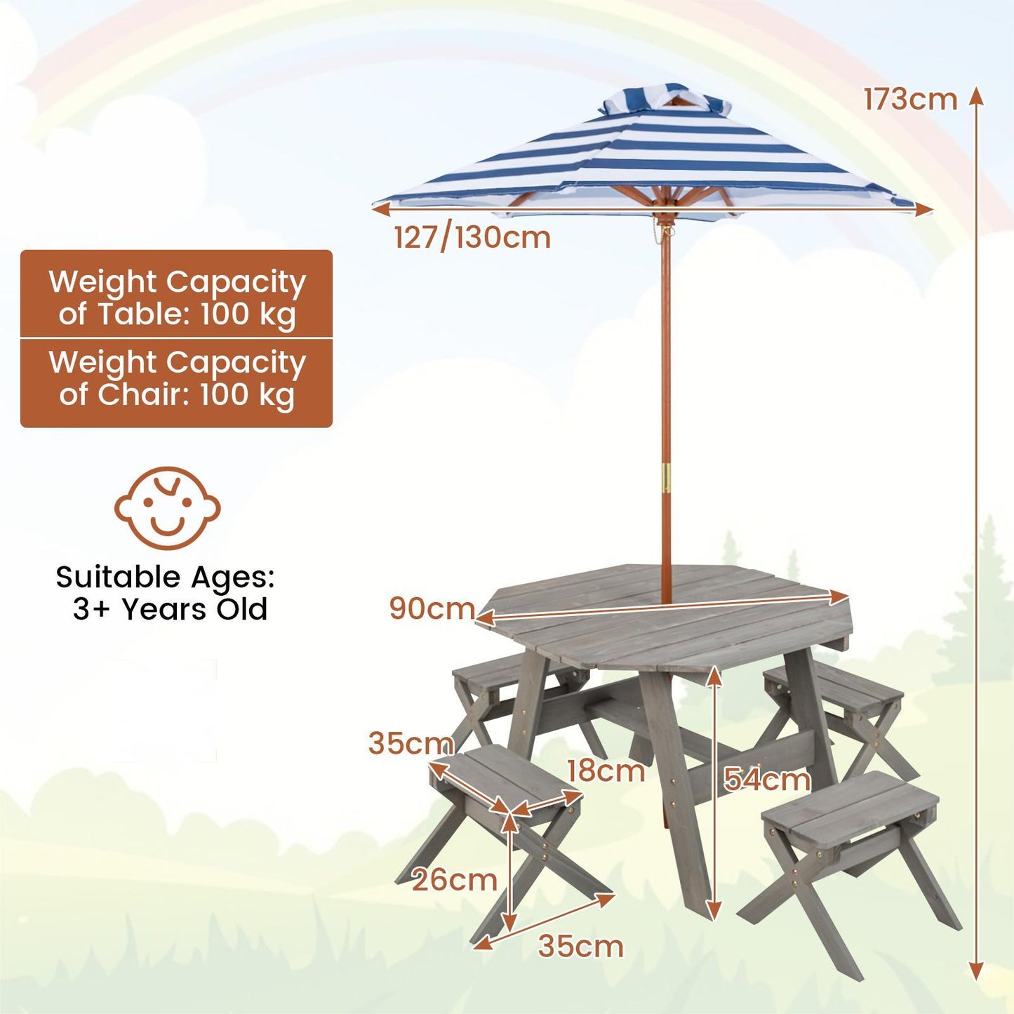 Wooden Kids Picnic Table Set with 4 Chairs and Adjustable Umbrella-Grey