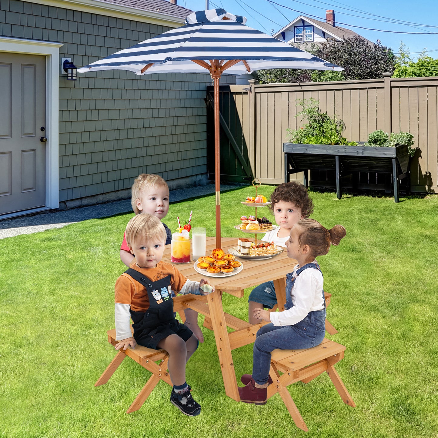 Wooden Kids Picnic Table Set with 4 Chairs and Adjustable Umbrella-Grey