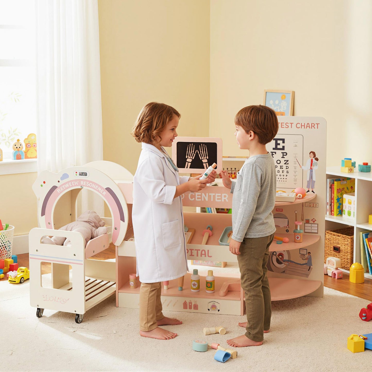 Wooden Pretend Hospital Office Kit with Eye Chart and Toy CT Machine-Blue