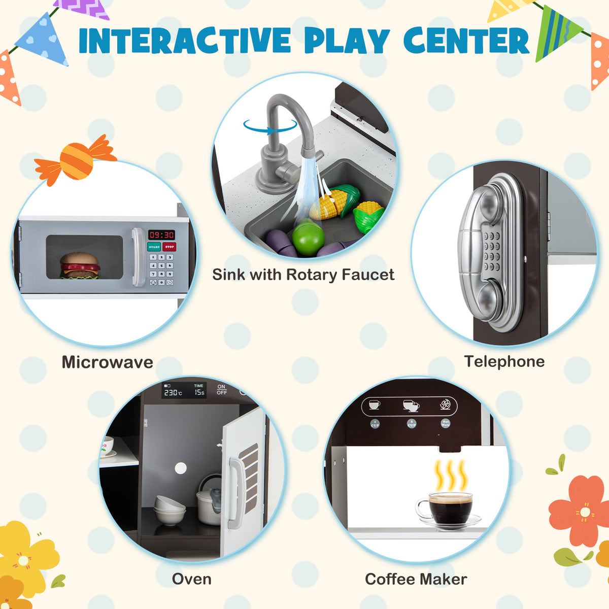 مطبخ خشبي للعب التخيلي بأصوات وأضواء حقيقية - أبيض