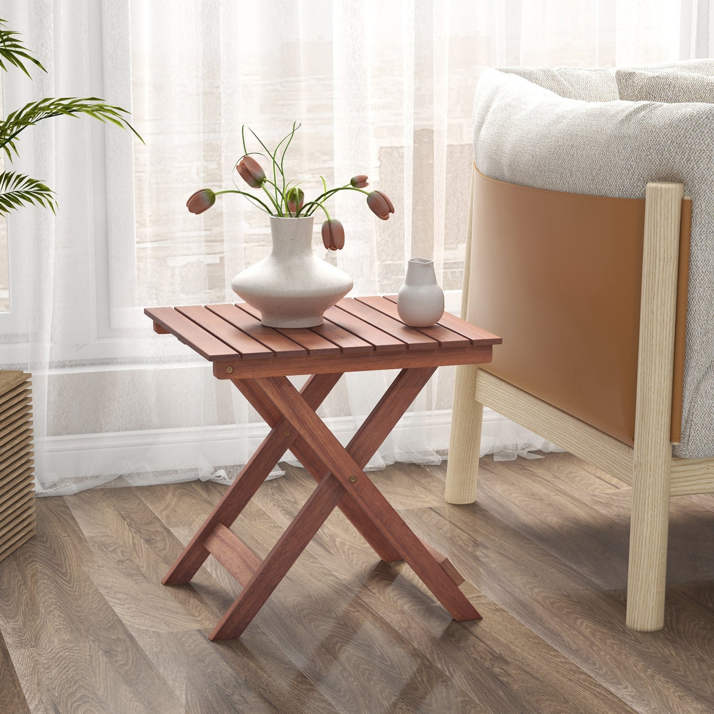 Wooden Side Table with Slatted Tabletop and Sturdy X-shaped Frame-C