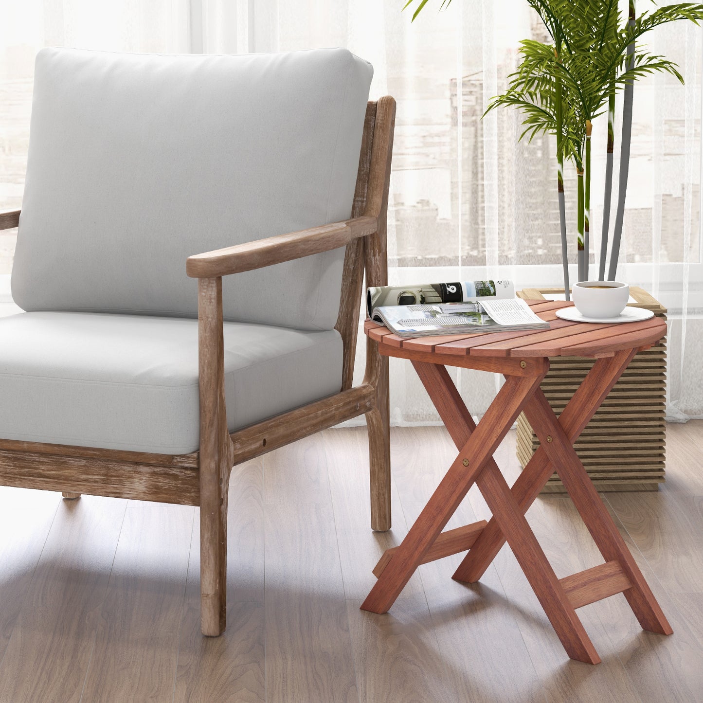 Wooden Side Table with Slatted Tabletop and Sturdy X-shaped Frame-C