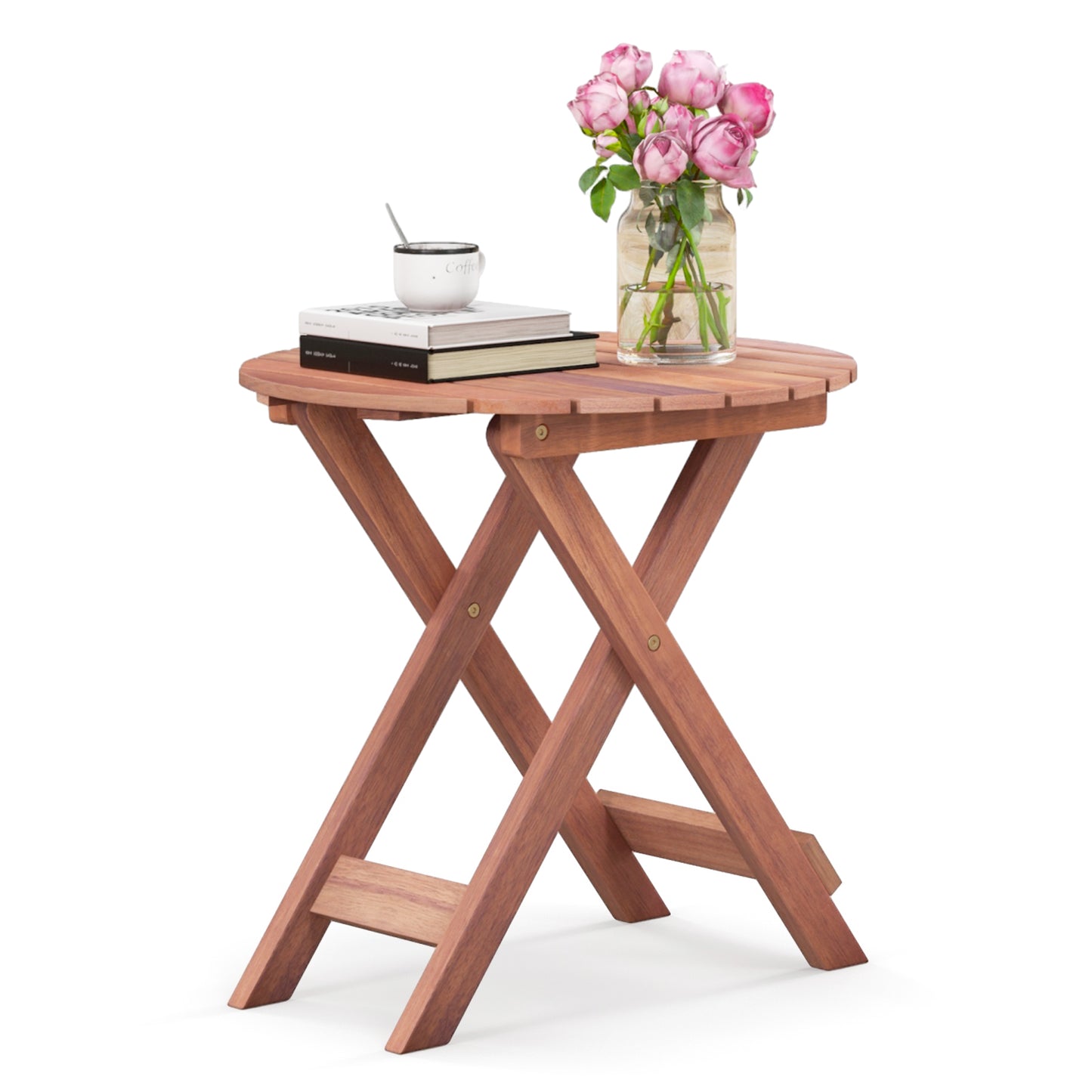 Wooden Side Table with Slatted Tabletop and Sturdy X-shaped Frame-C