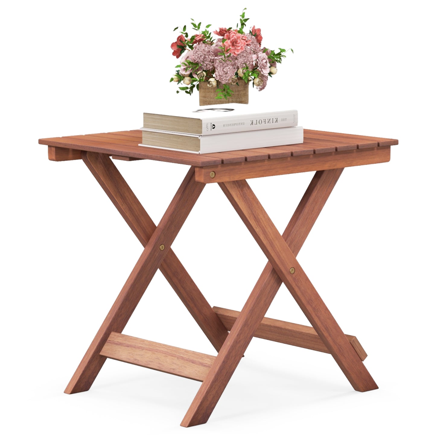 Wooden Side Table with Slatted Tabletop and Sturdy X-shaped Frame-C