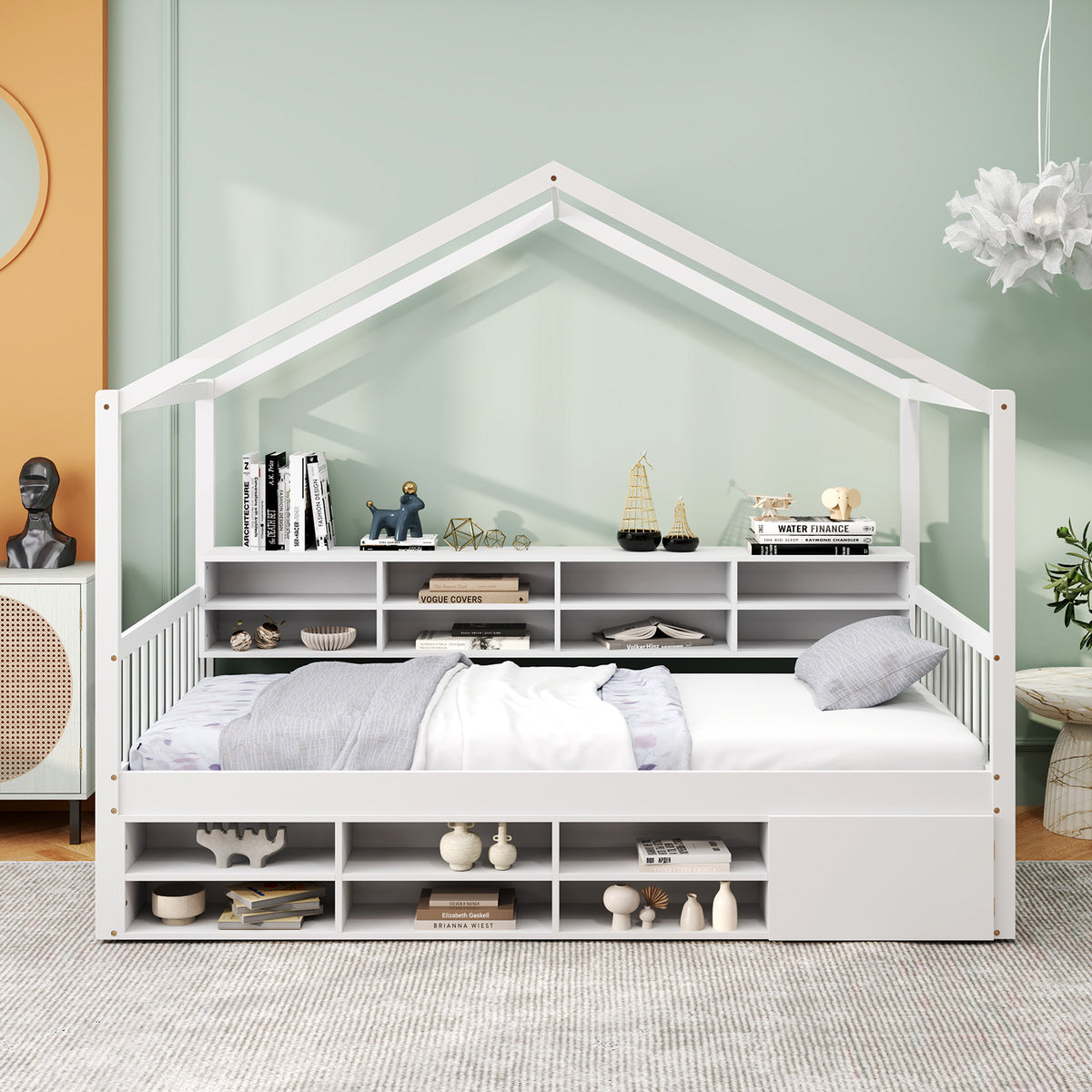 Wooden Single Size House Bed with Roof and 14 Storage Cubes-Grey