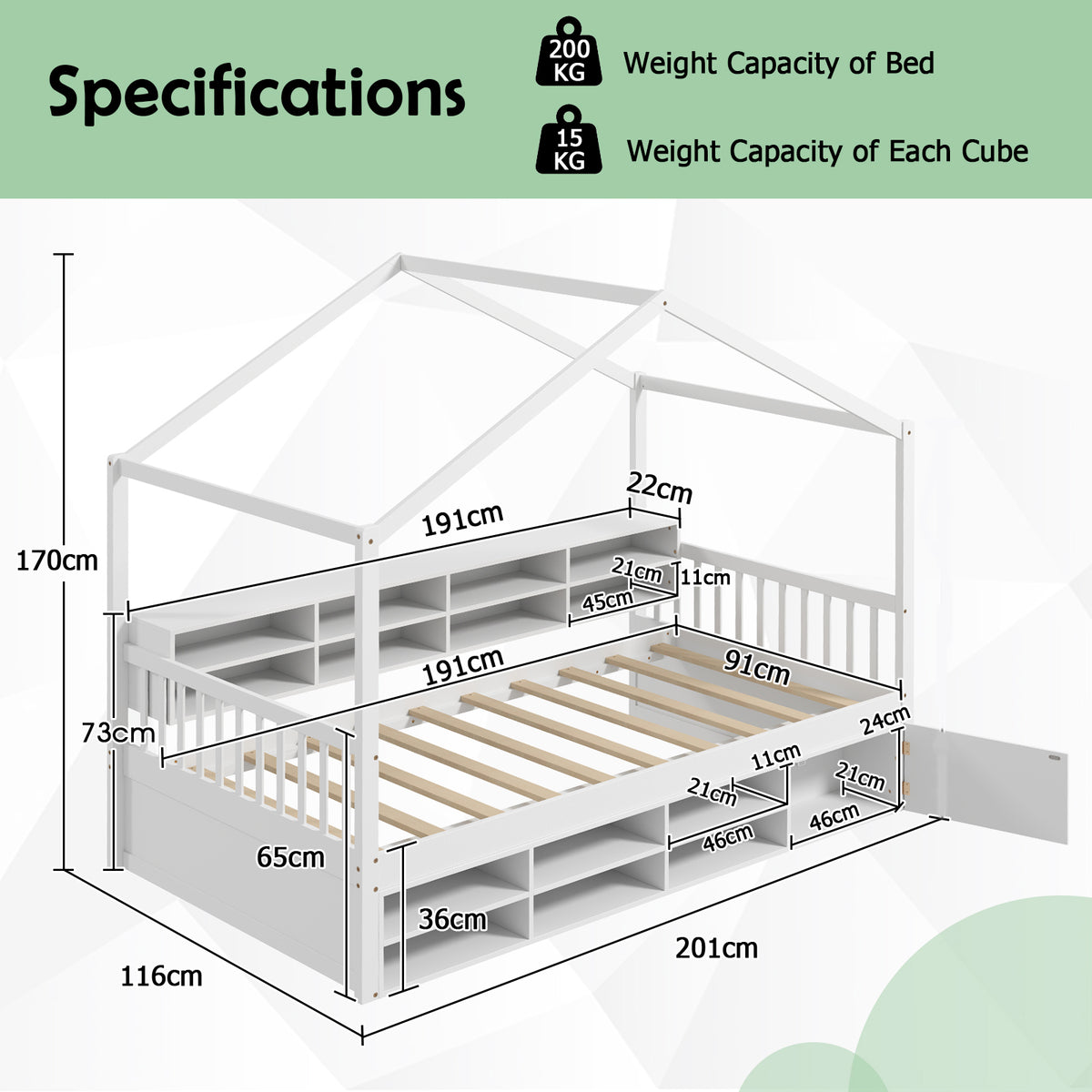 Wooden Single Size House Bed with Roof and 14 Storage Cubes-Grey