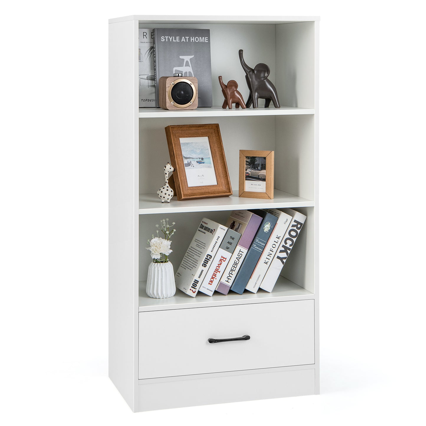 Wooden Storage Bookshelf Cabinet with 3-Tier Open Shelves and Drawer-Natural