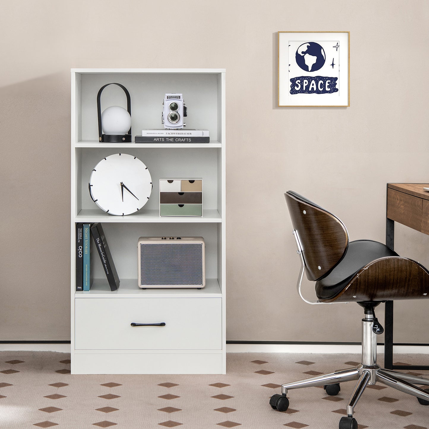 Wooden Storage Bookshelf Cabinet with 3-Tier Open Shelves and Drawer-Natural