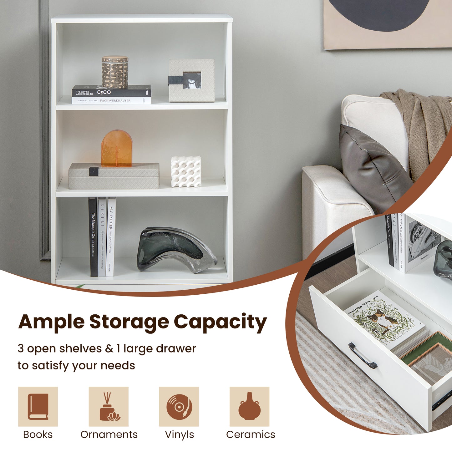 Wooden Storage Bookshelf Cabinet with 3-Tier Open Shelves and Drawer-Natural