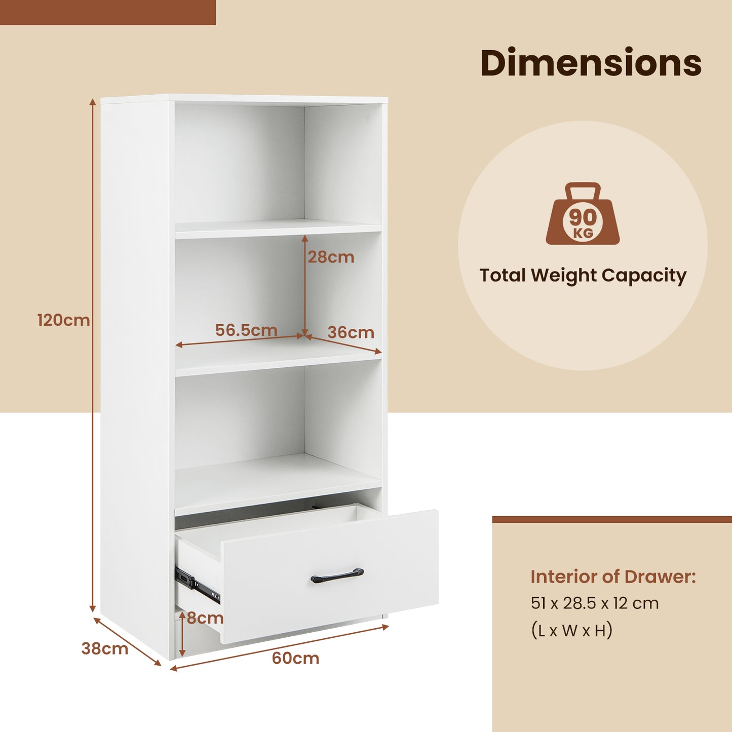 Wooden Storage Bookshelf Cabinet with 3-Tier Open Shelves and Drawer-Natural