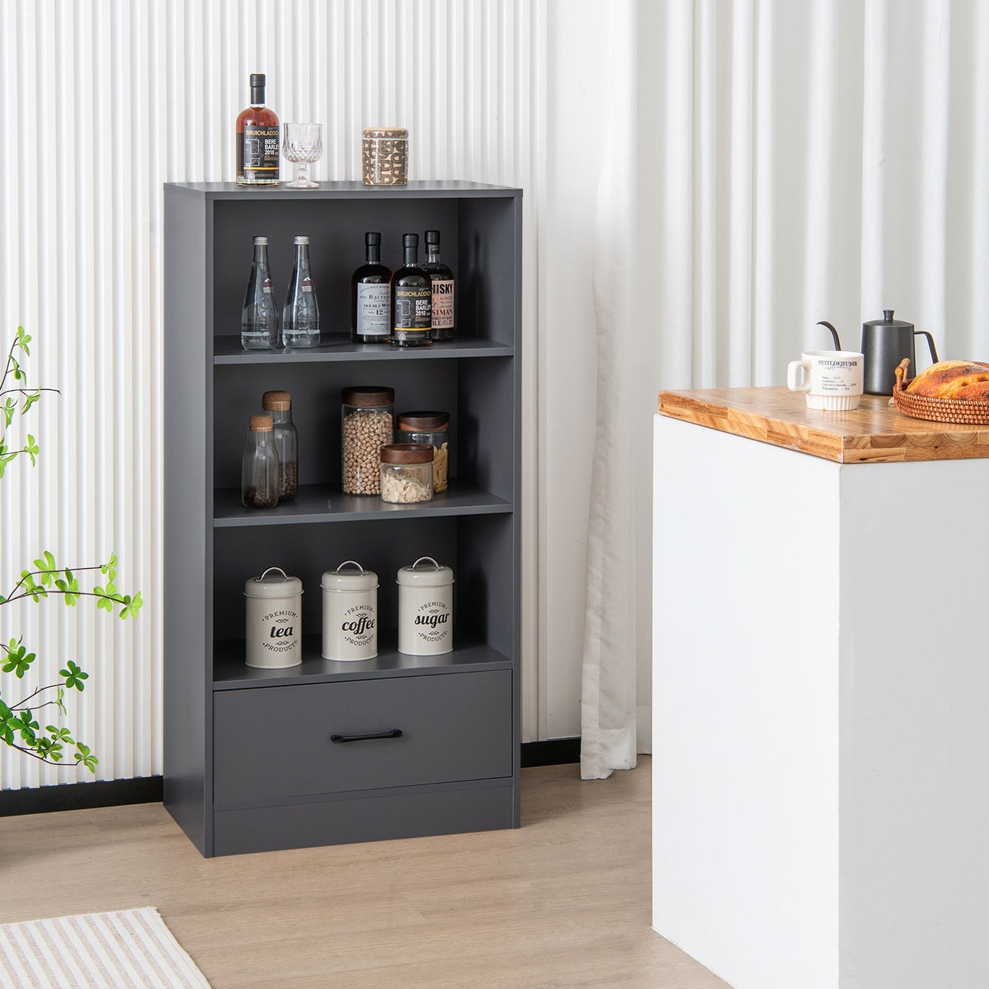 Wooden Storage Bookshelf Cabinet with 3-Tier Open Shelves and Drawer-Natural