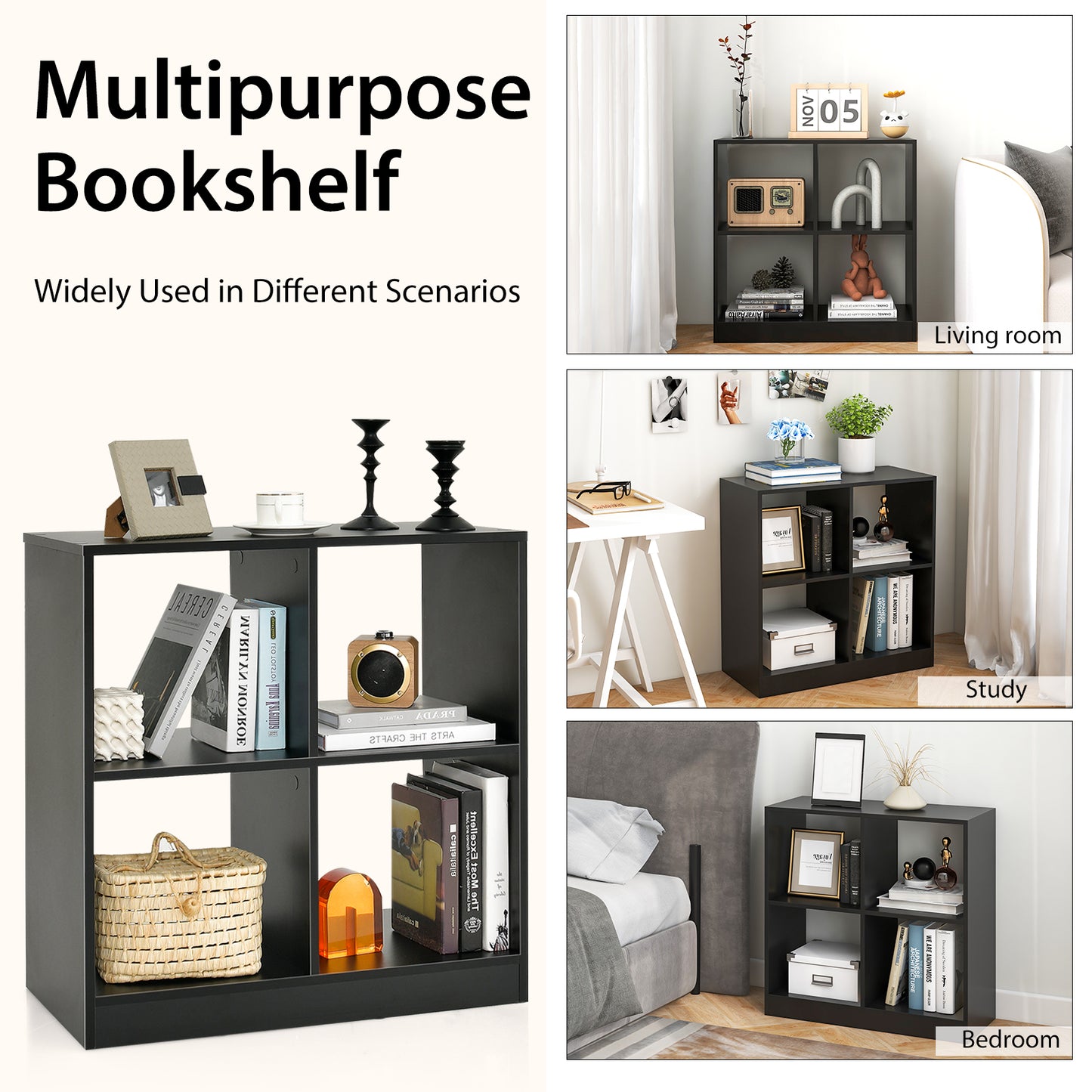4-cube Wooden Storage Cabinet with Anti-Toppling Device -White