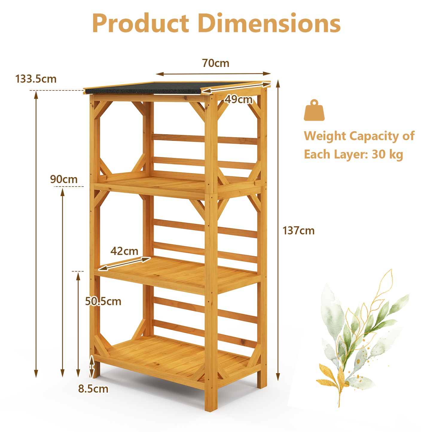 137CM 3-Tier Garden Plant Stand with Weatherproof Asphalt Roof-Natrual