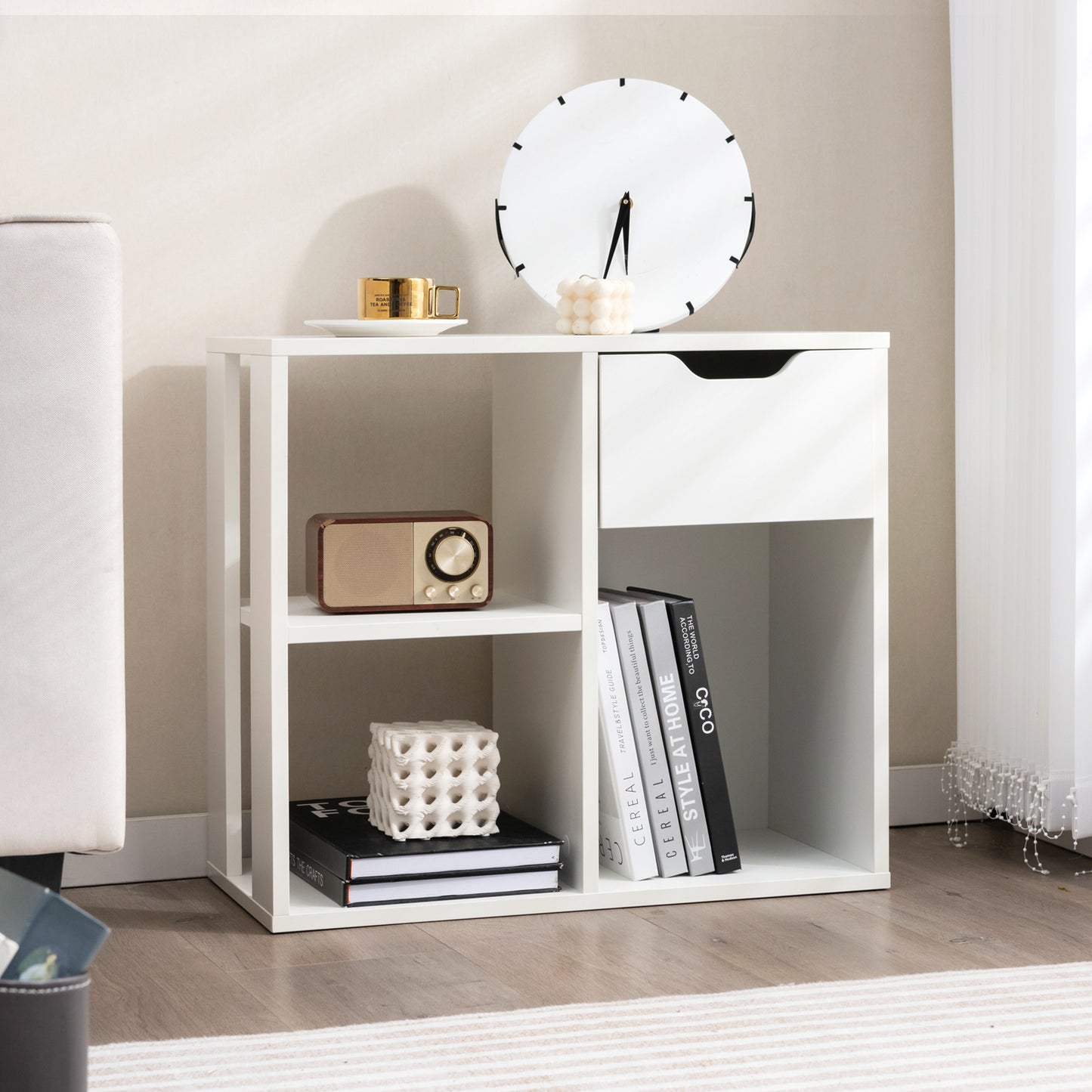 3-Cube Wooden Storage Shelf with Drawer-Black