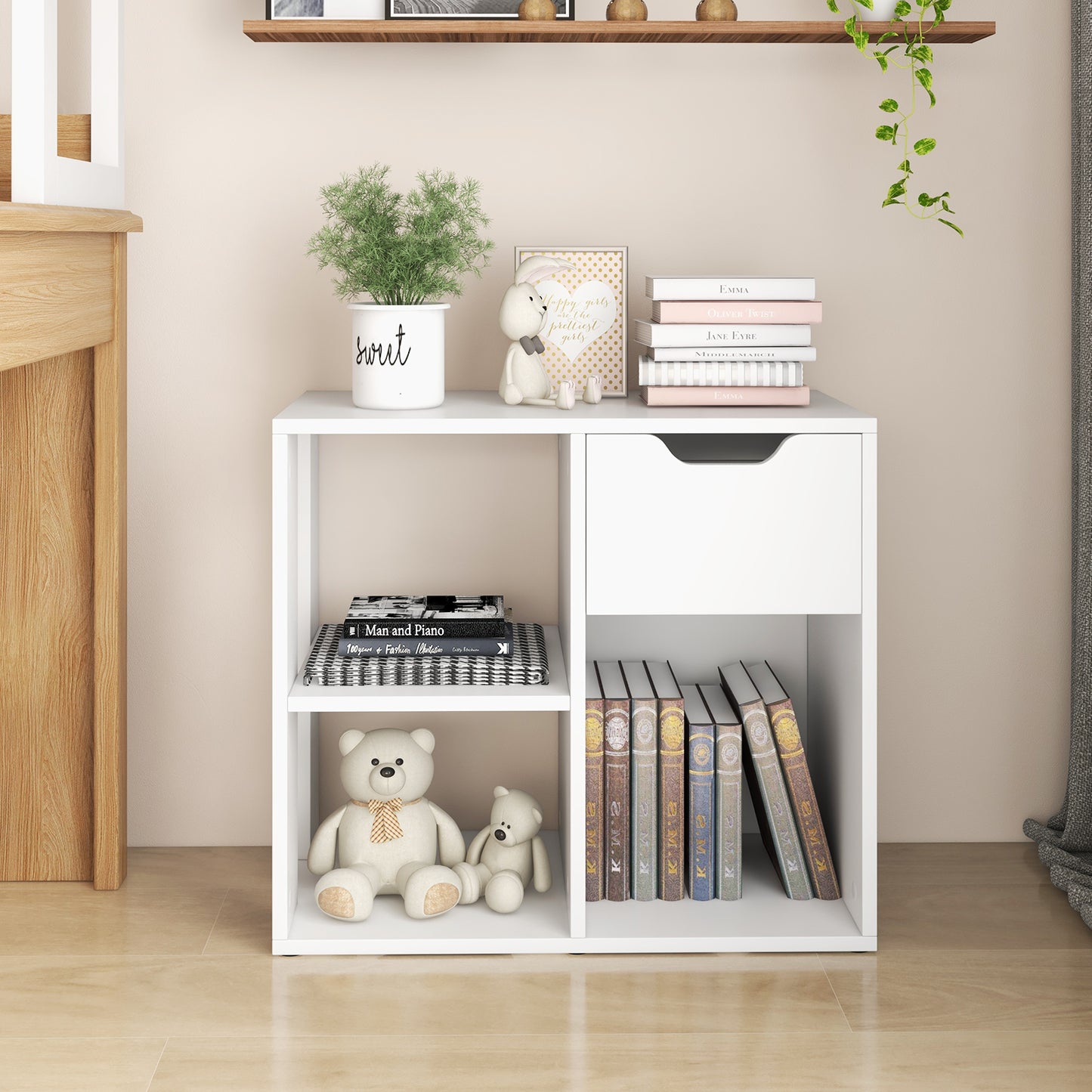 3-Cube Wooden Storage Shelf with Drawer-Black