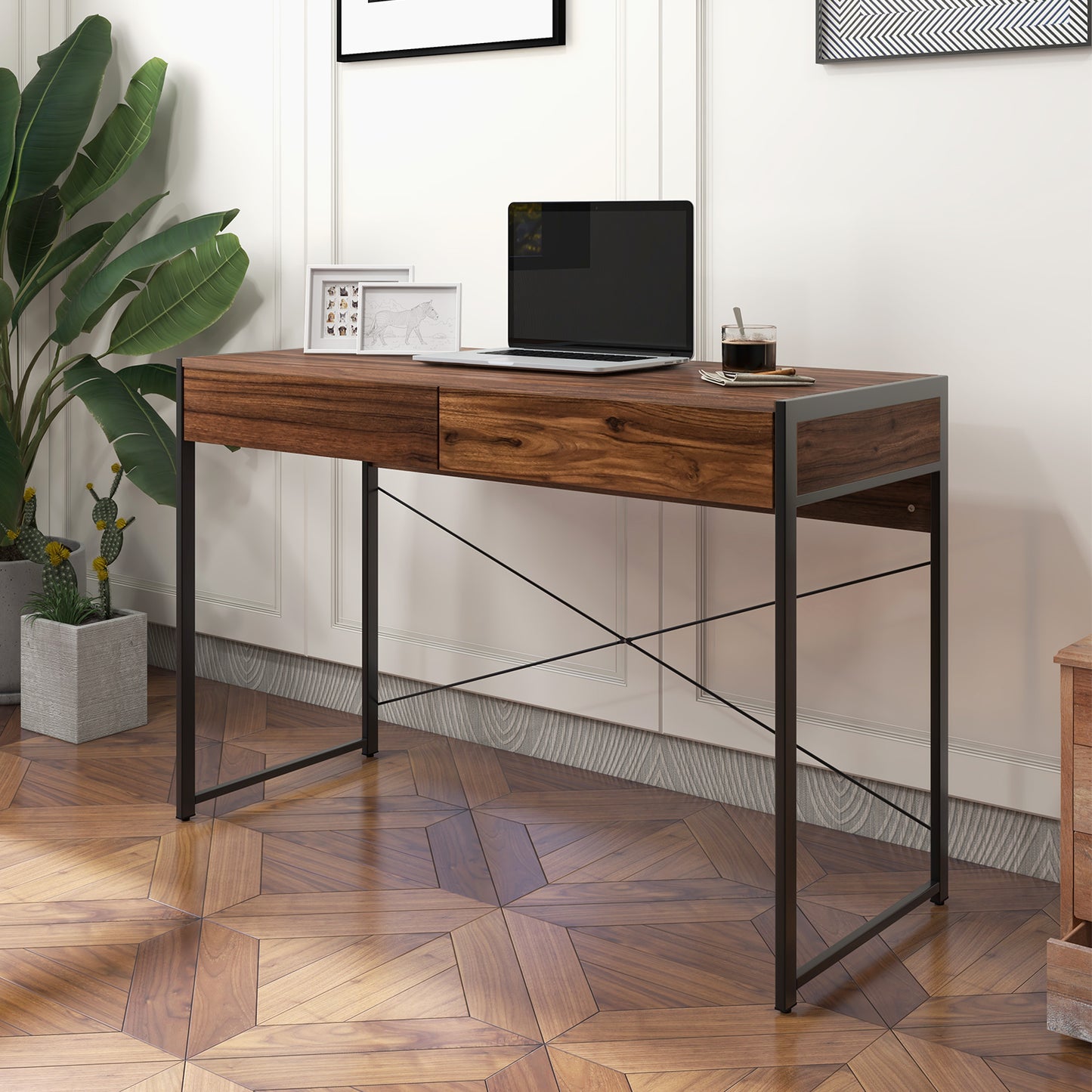 112 x 48 x 76cm Wooden Study Computer Desk with 2 Drawers-Black