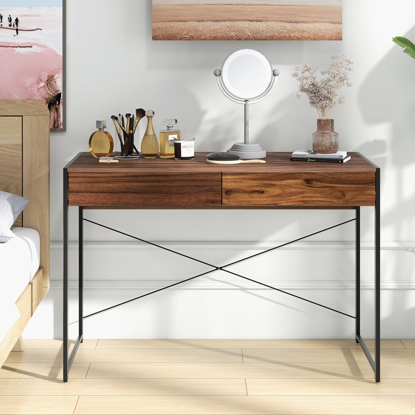 112 x 48 x 76cm Wooden Study Computer Desk with 2 Drawers-Black