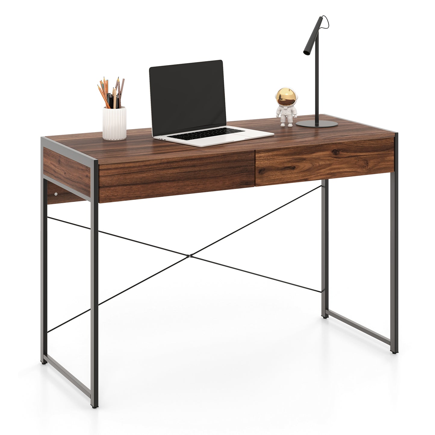 112 x 48 x 76cm Wooden Study Computer Desk with 2 Drawers-Black