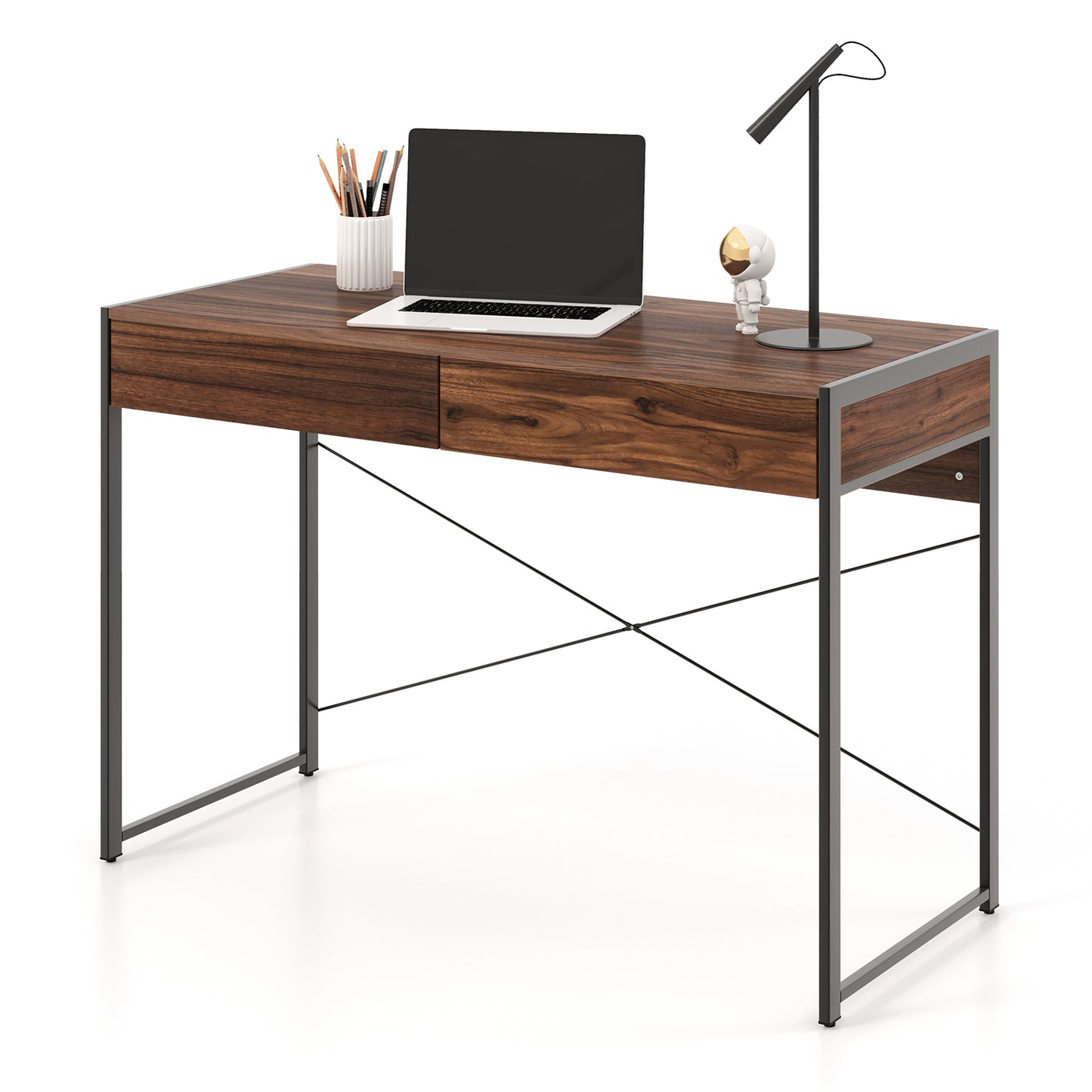 112 x 48 x 76cm Wooden Study Computer Desk with 2 Drawers-Black