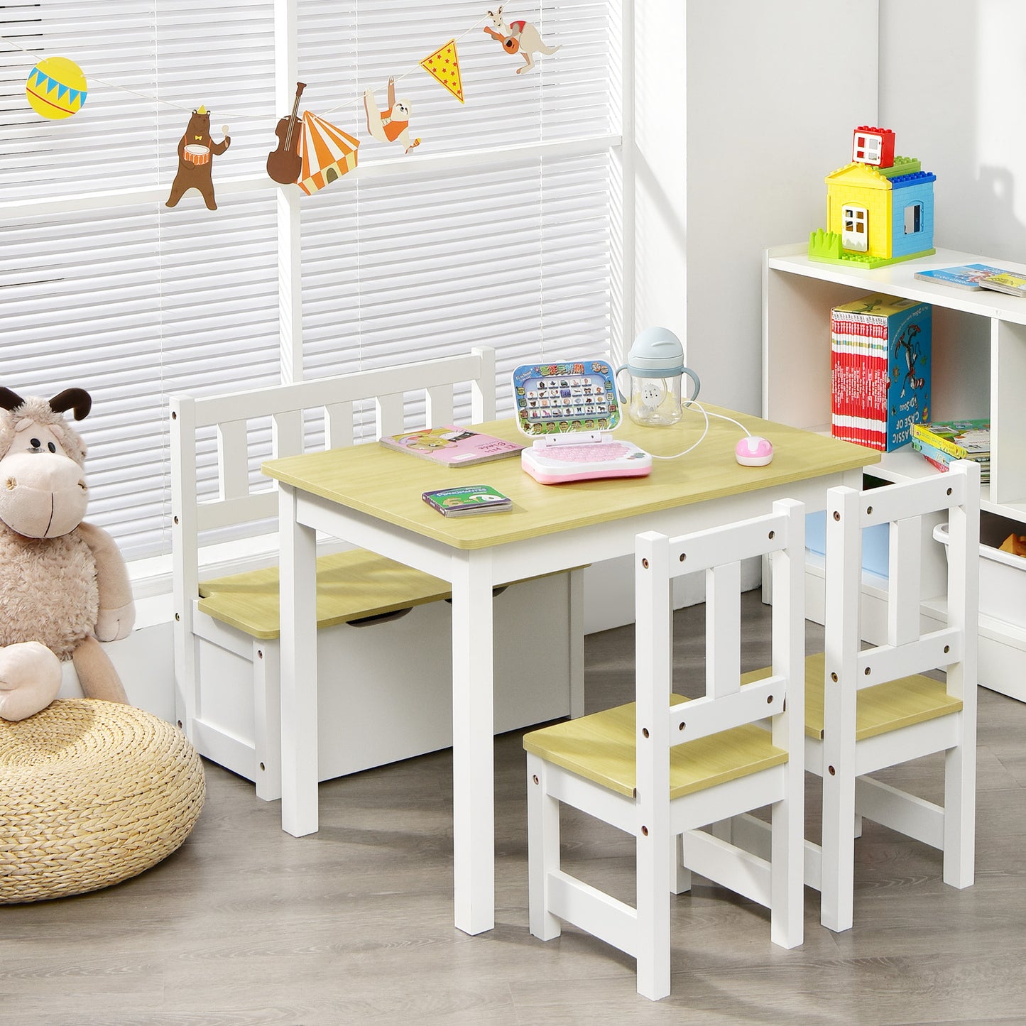 2-In-1 Wooden Toddler Activity Table Set with Toy Storage Bench-Grey
