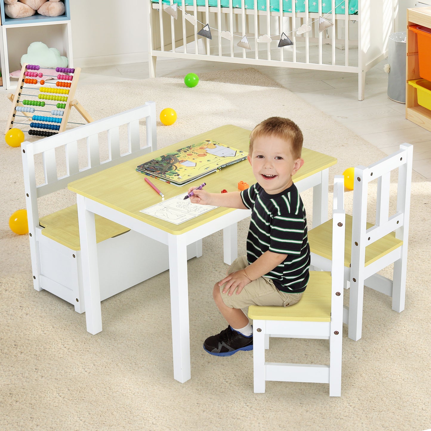 2-In-1 Wooden Toddler Activity Table Set with Toy Storage Bench-Grey