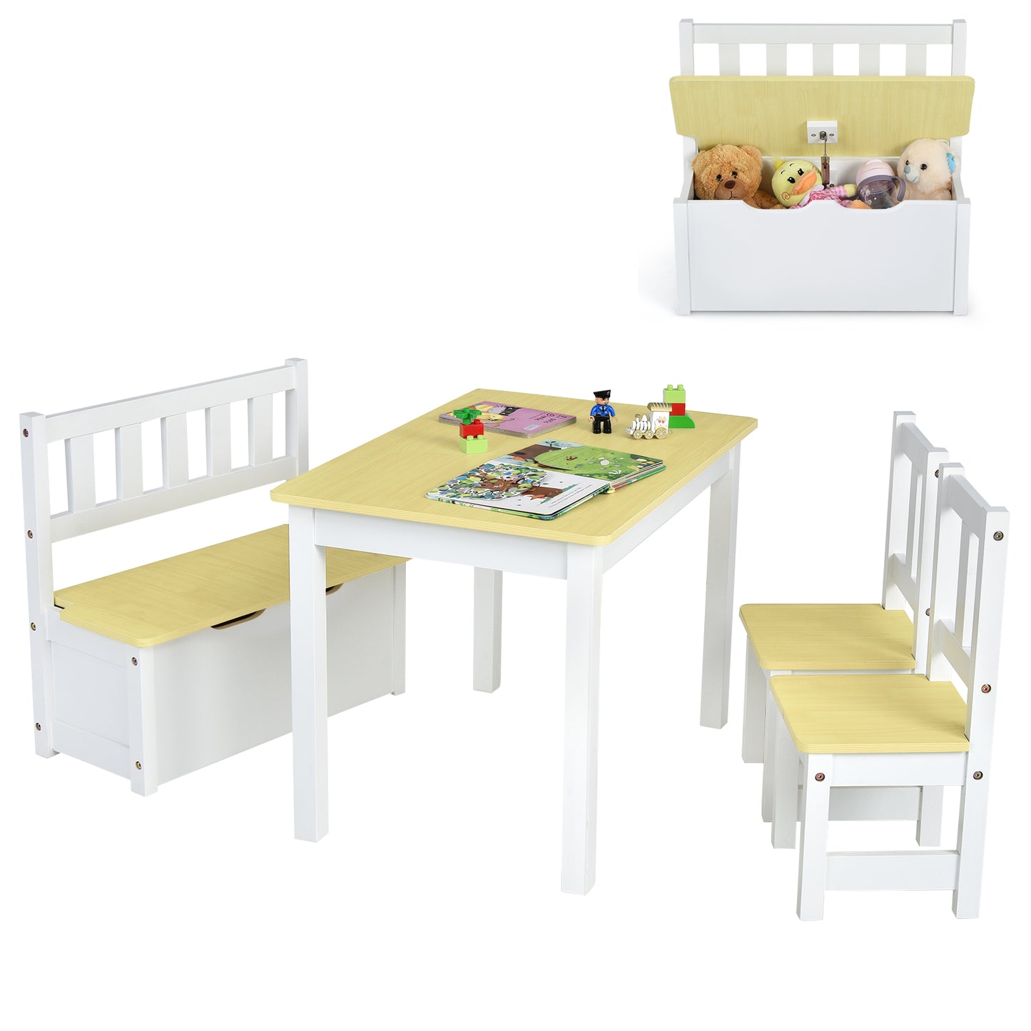 2-In-1 Wooden Toddler Activity Table Set with Toy Storage Bench-Grey