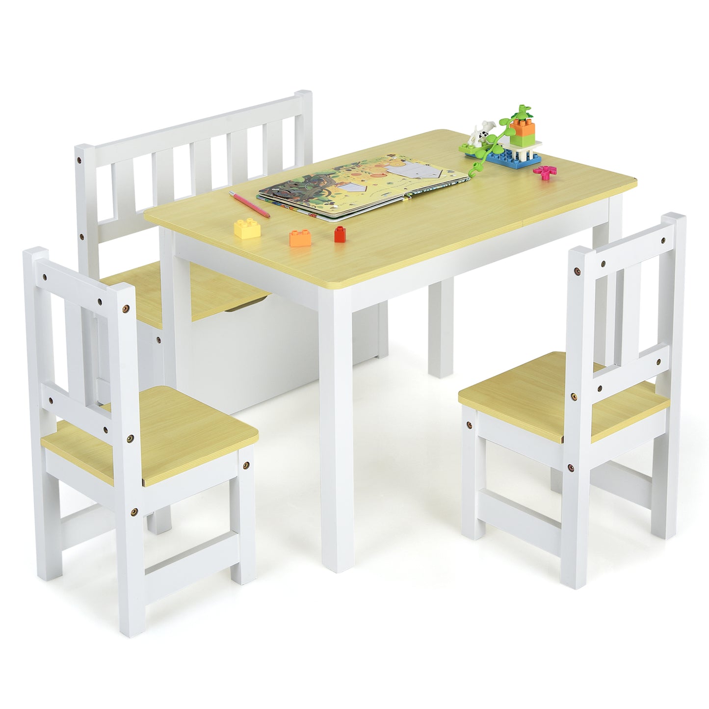 2-In-1 Wooden Toddler Activity Table Set with Toy Storage Bench-Grey