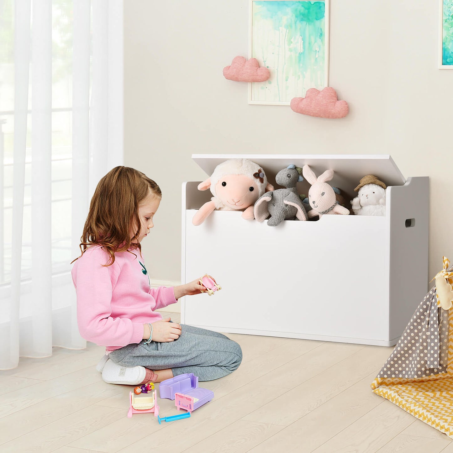 Wooden Kids Toy Box and Bench with Cushion and Handles-Grey