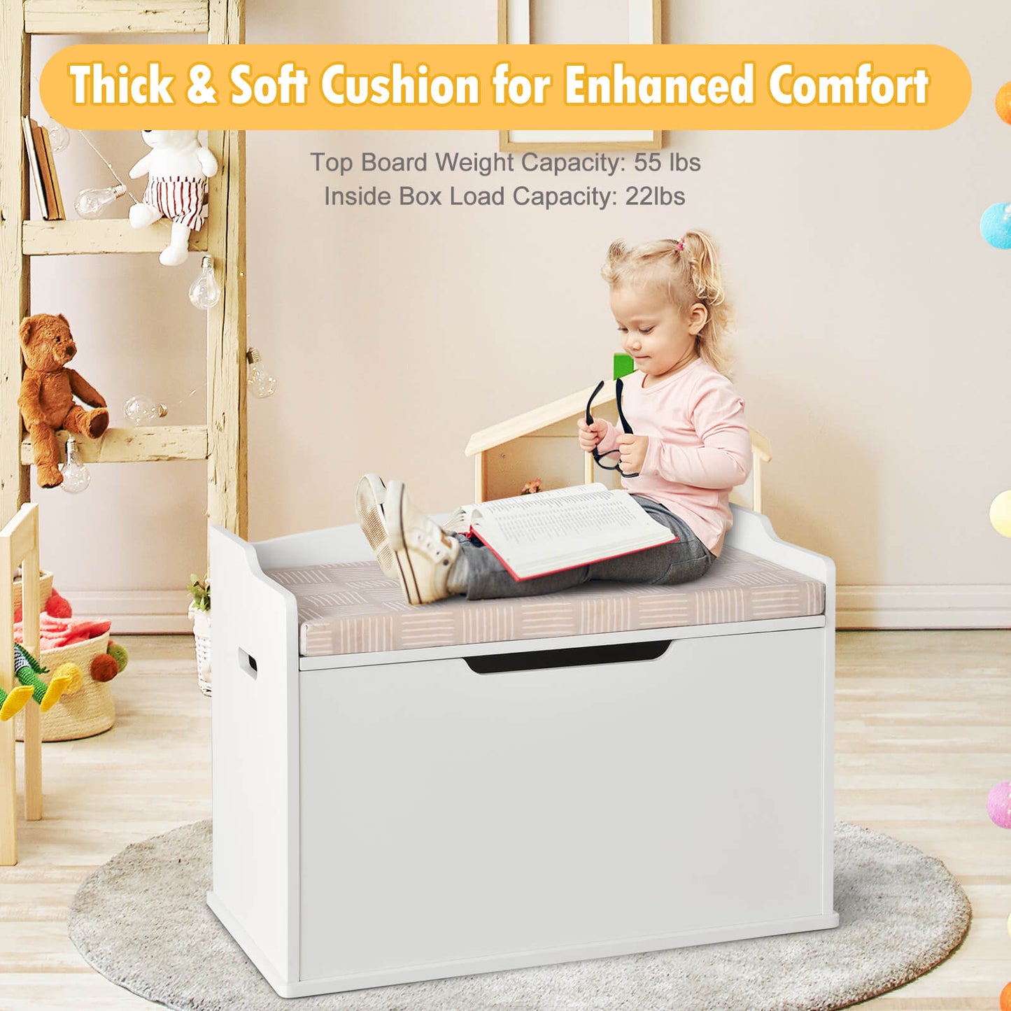 Wooden Kids Toy Box and Bench with Cushion and Handles-Grey