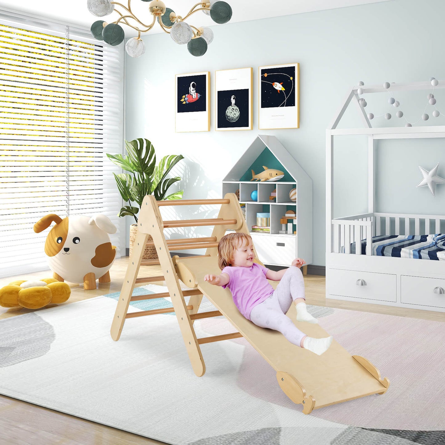 Wooden Triangle Climbing Ladder Set with 2-in-1 Reversible Ramp-Grey