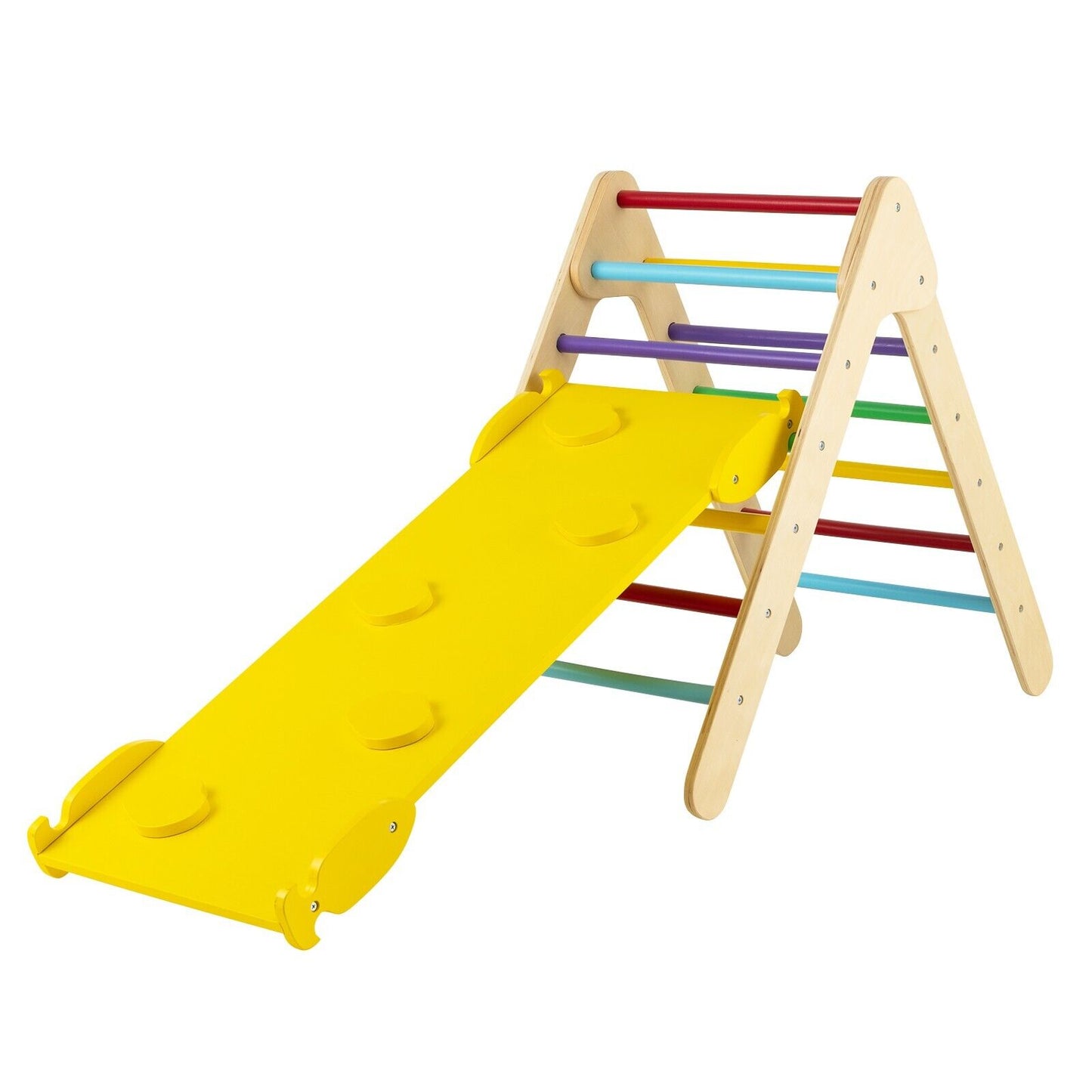 Wooden Triangle Climbing Ladder Set with 2-in-1 Reversible Ramp-Grey