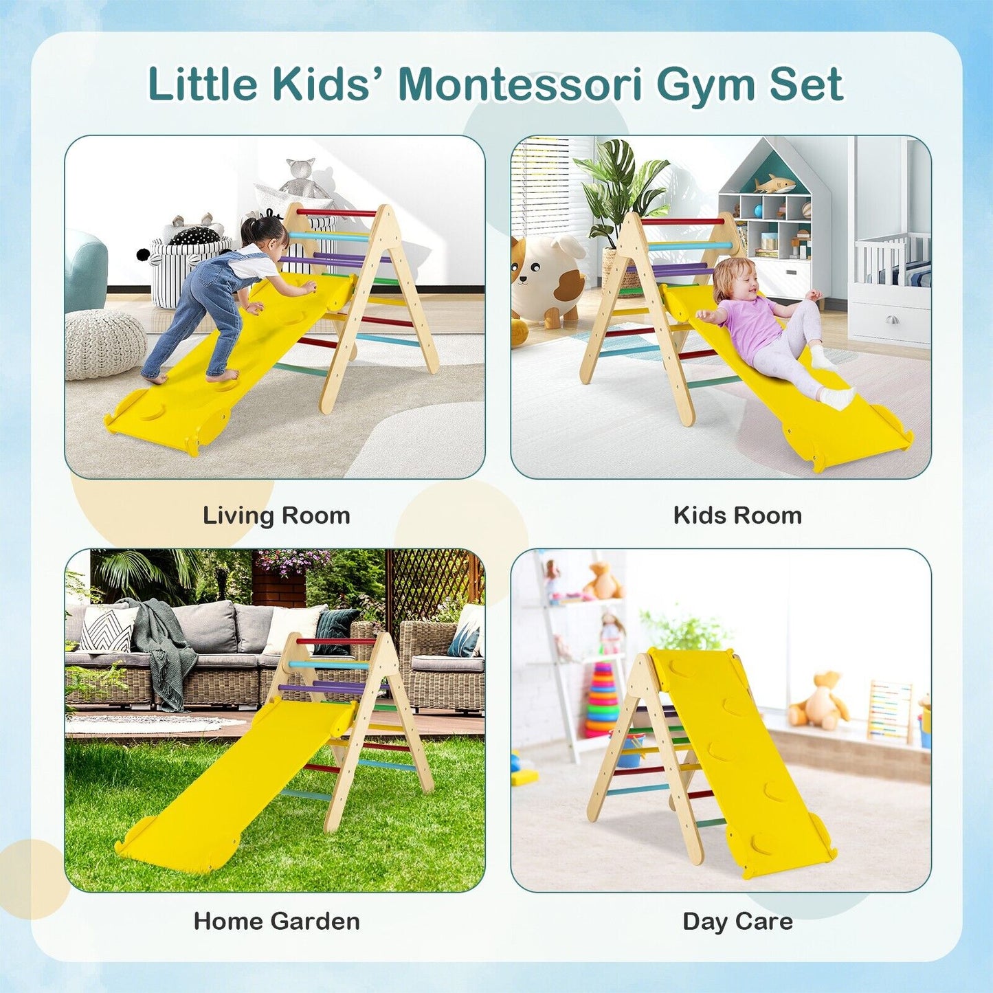 Wooden Triangle Climbing Ladder Set with 2-in-1 Reversible Ramp-Grey