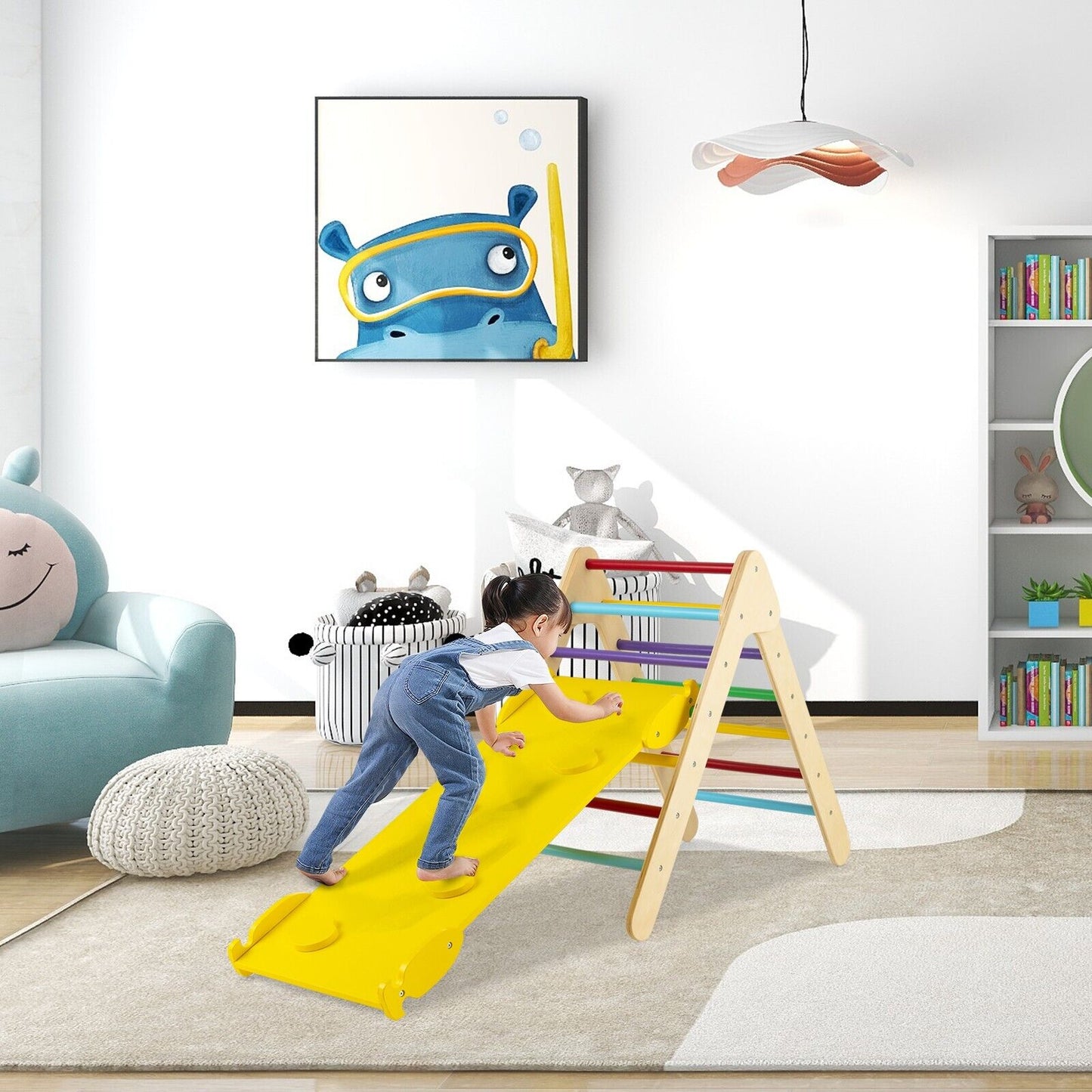 Wooden Triangle Climbing Ladder Set with 2-in-1 Reversible Ramp-Grey