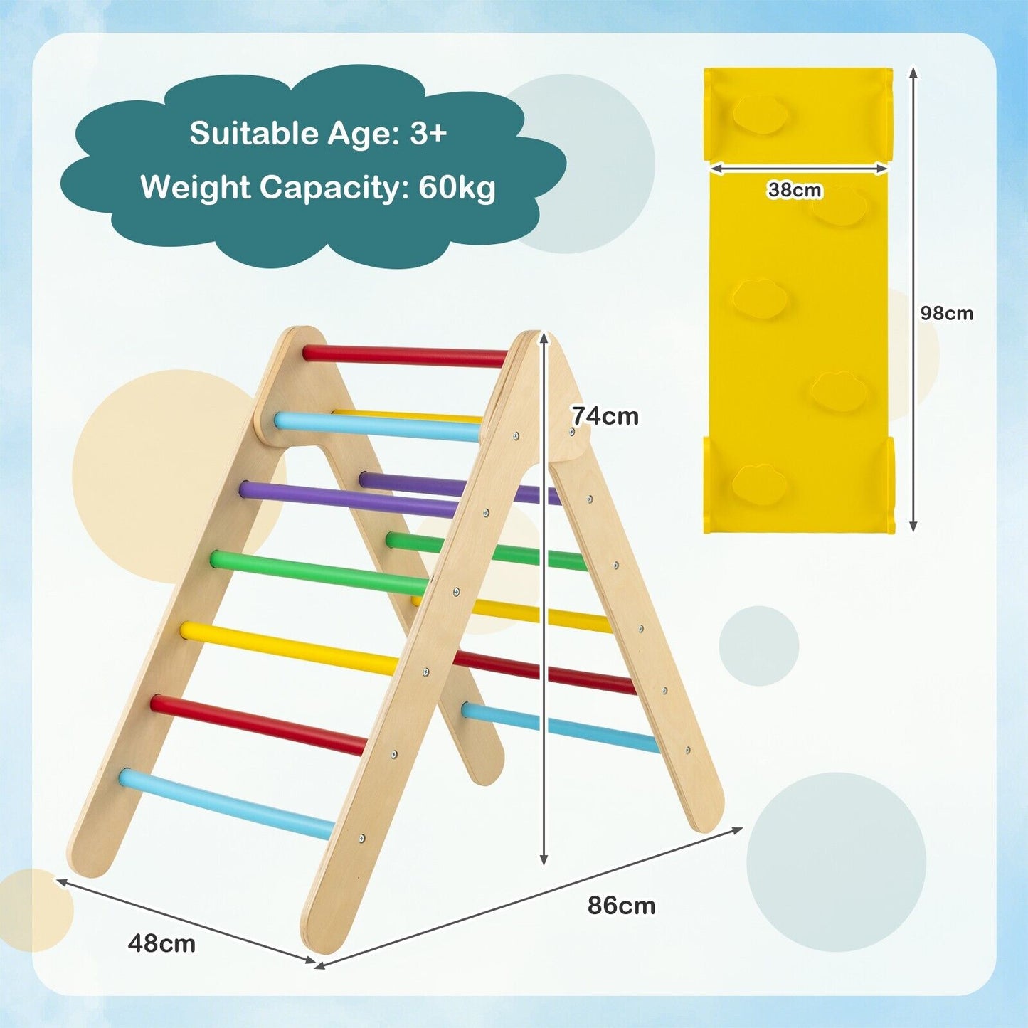 Wooden Triangle Climbing Ladder Set with 2-in-1 Reversible Ramp-Grey