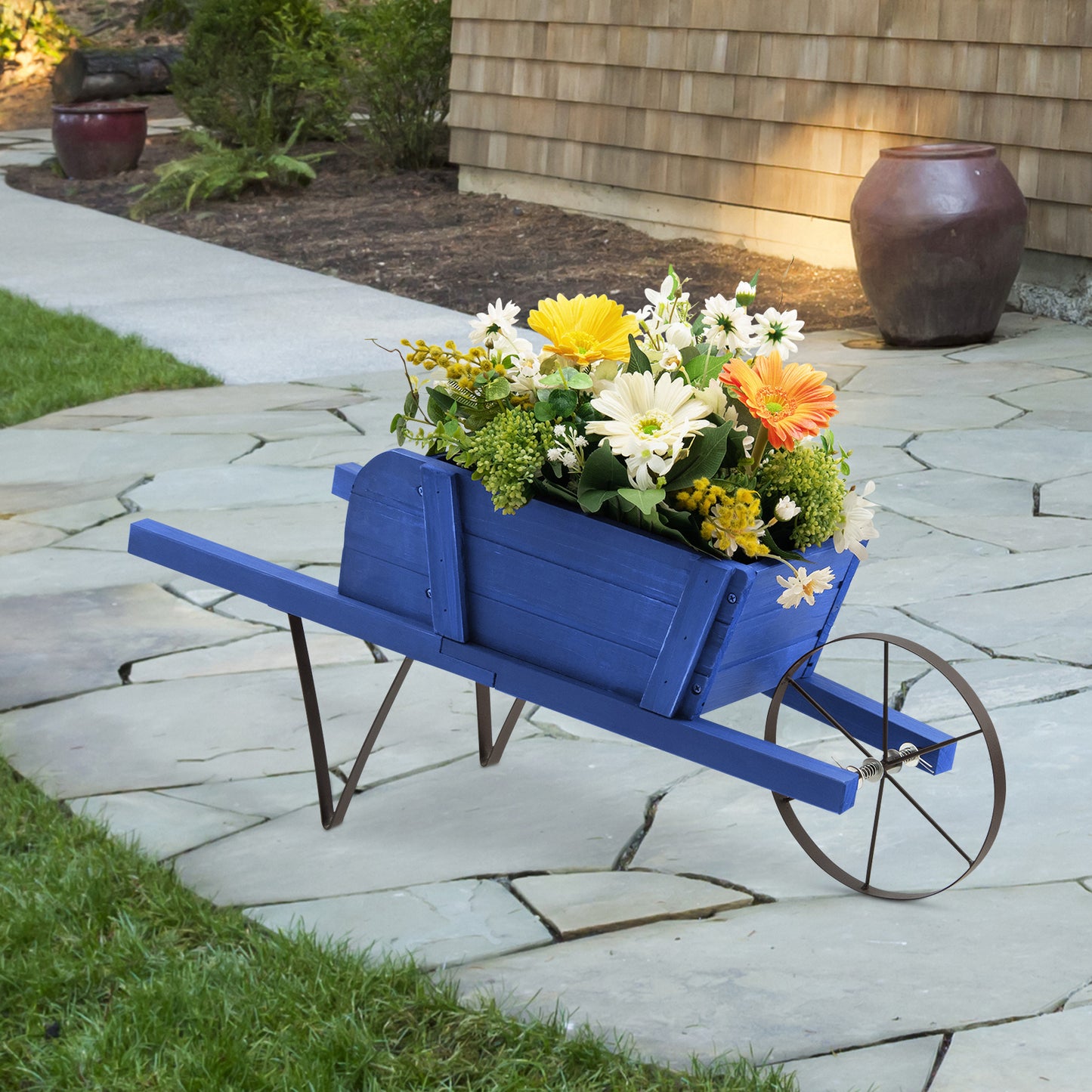 Wooden Wagon Planter Stand Wheelbarrow Flower Cart Garden Decoration-Blue
