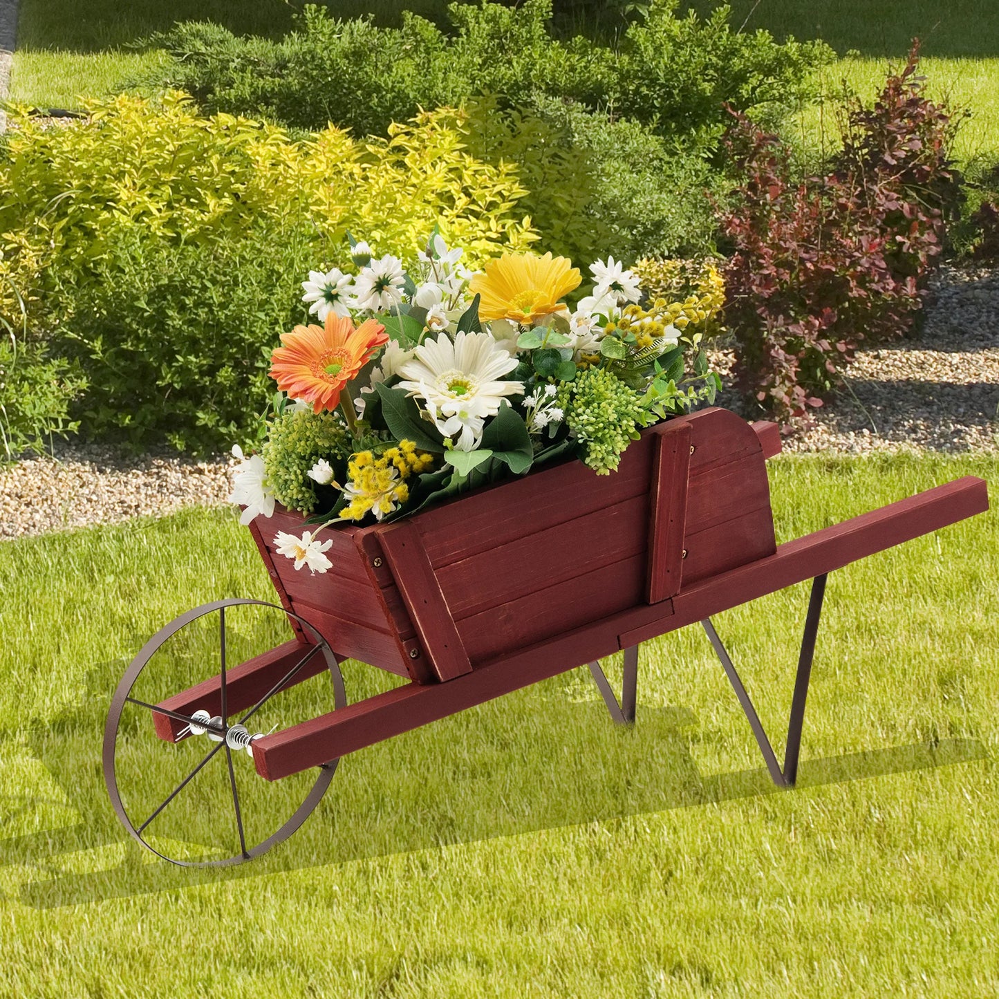 Wooden Wagon Planter Stand Wheelbarrow Flower Cart Garden Decoration-Blue