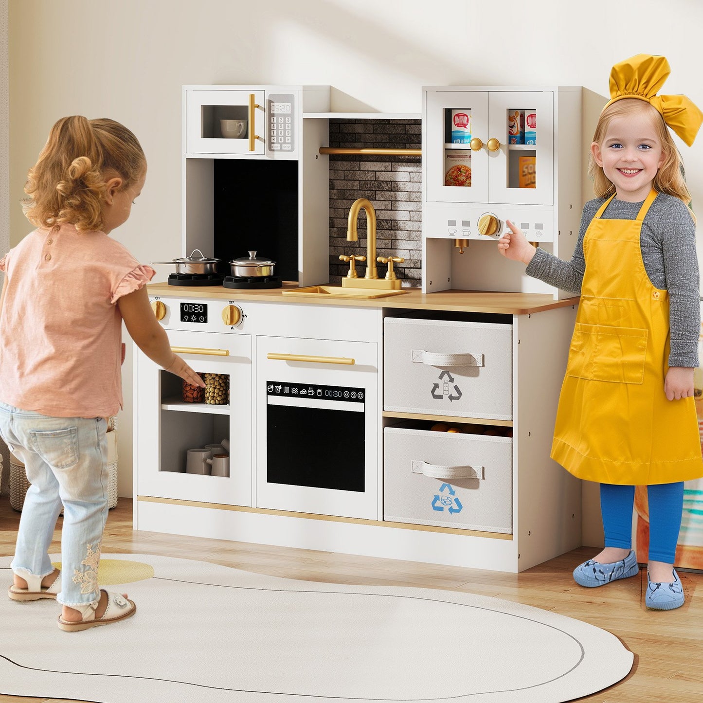 Wooden play kitchen with stove and sounds childrens kitchen with sink-Natural