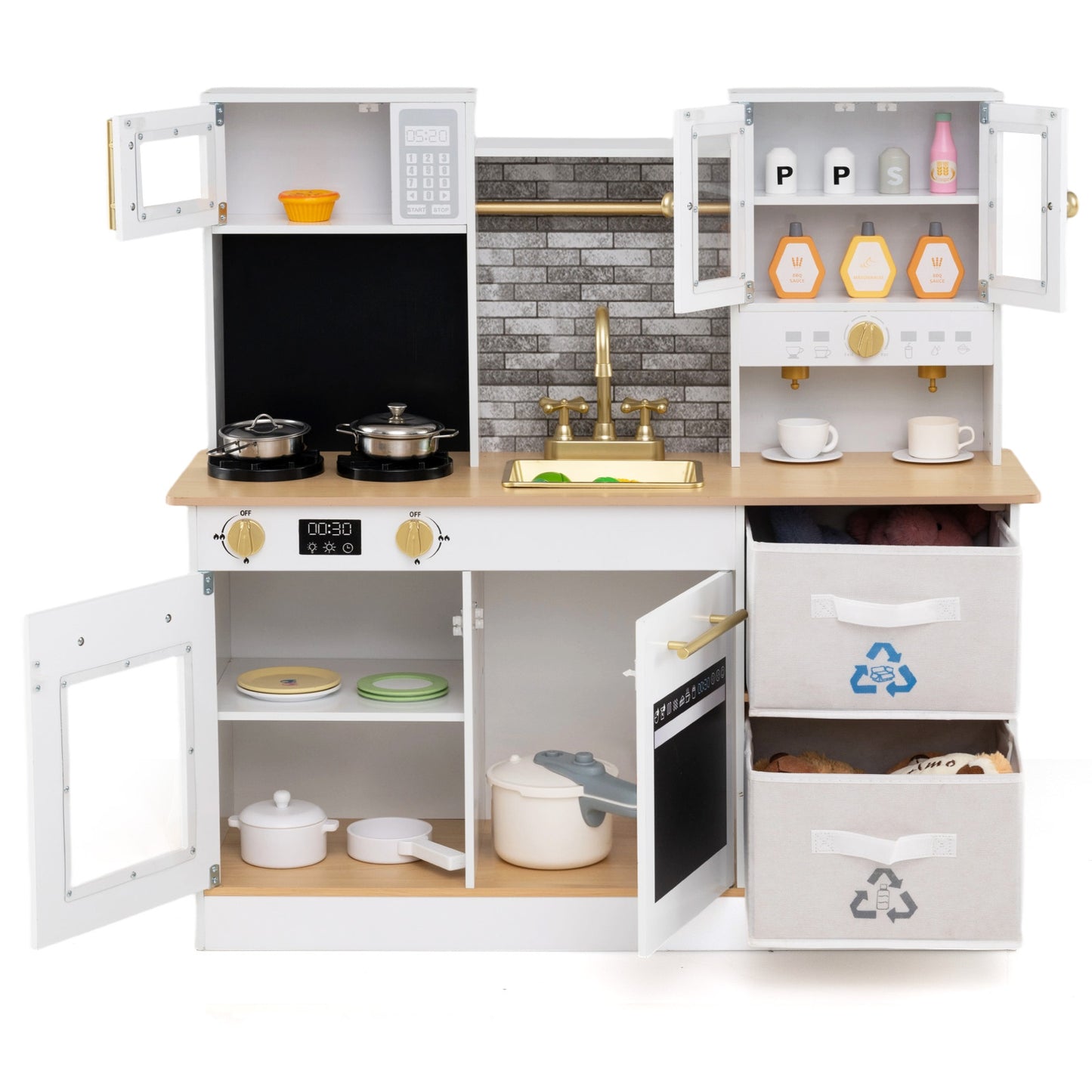 Wooden play kitchen with stove and sounds childrens kitchen with sink-Natural