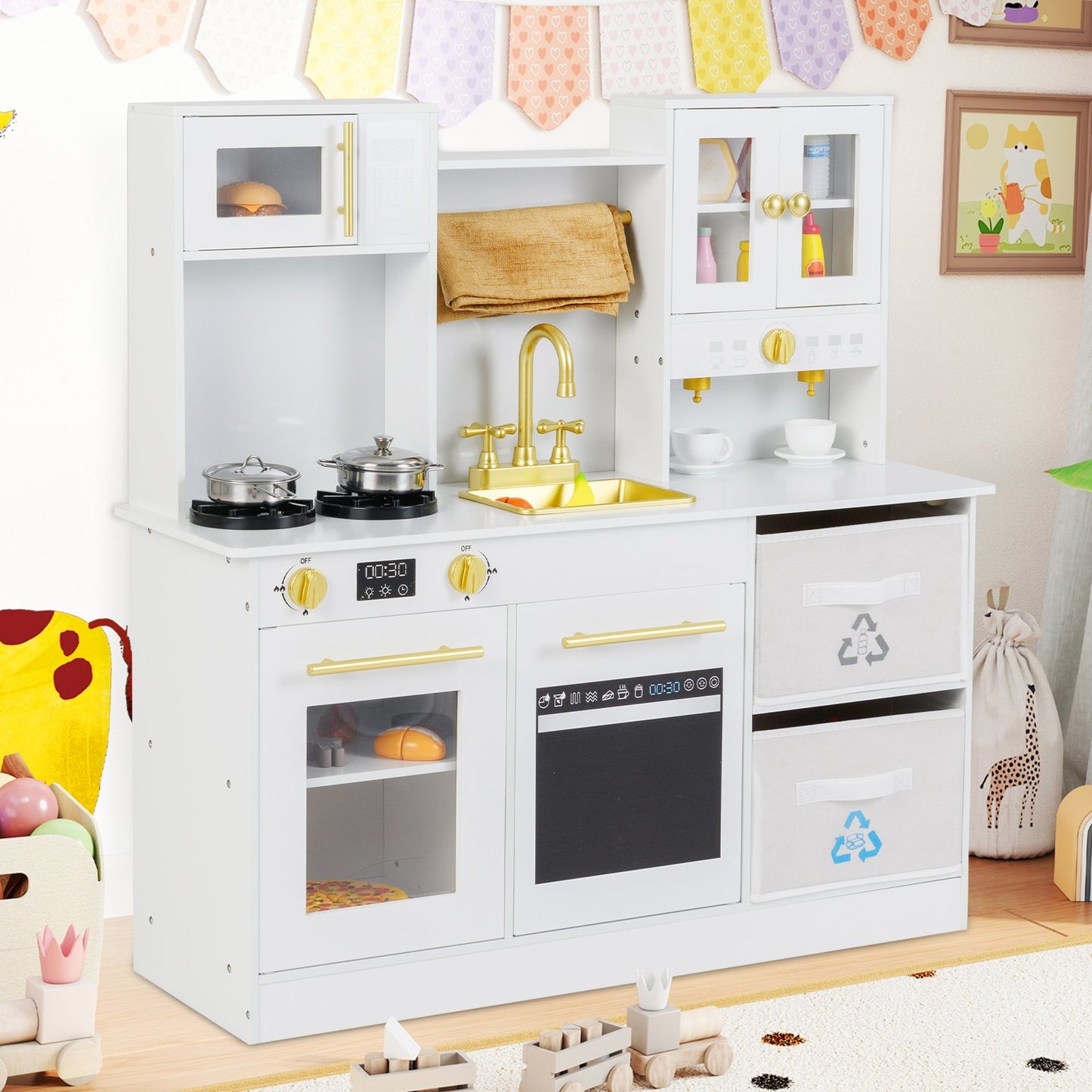 Wooden play kitchen with stove and sounds childrens kitchen with sink-Natural