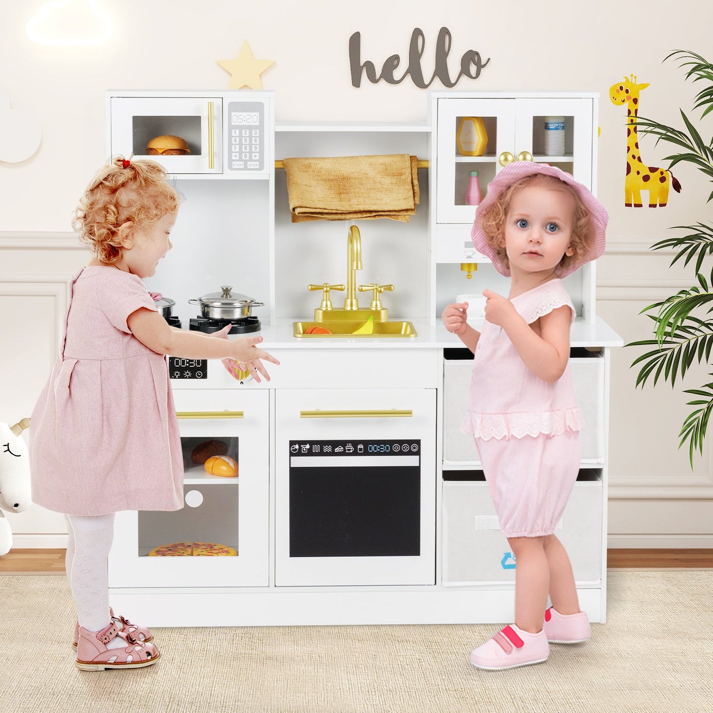 Wooden play kitchen with stove and sounds childrens kitchen with sink-Natural