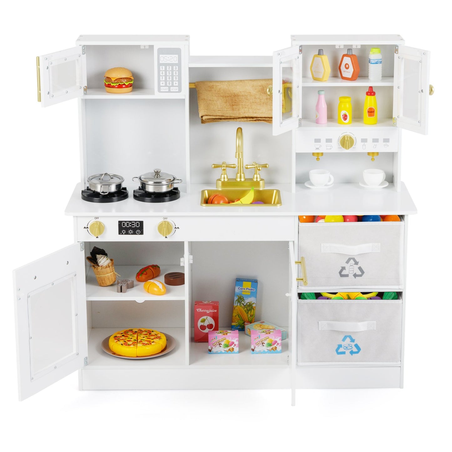 Wooden play kitchen with stove and sounds childrens kitchen with sink-Natural